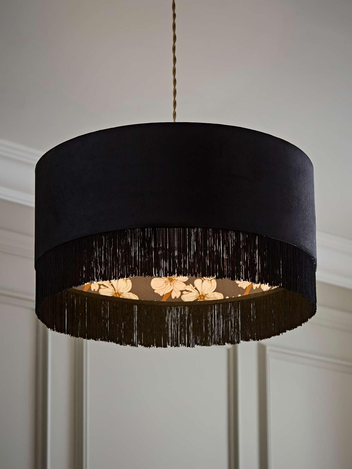 Image 1 of 7 of ValueLights Kimberly Black Velvet Printed Inner Drum Shade With Fringe Trim