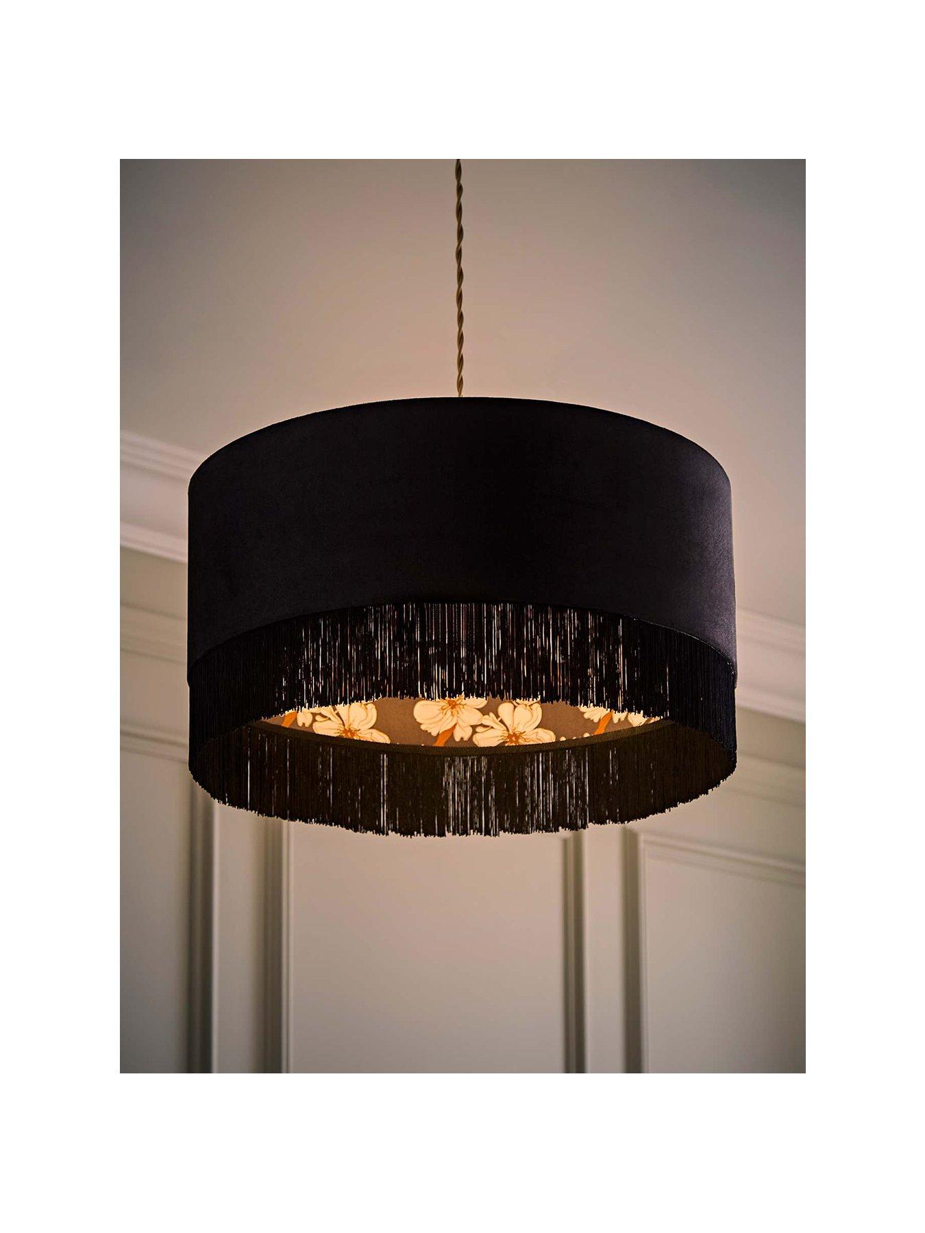 Image 2 of 7 of ValueLights Kimberly Black Velvet Printed Inner Drum Shade With Fringe Trim