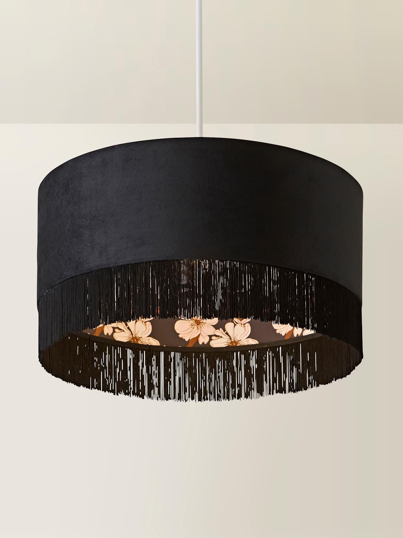Image 3 of 7 of ValueLights Kimberly Black Velvet Printed Inner Drum Shade With Fringe Trim
