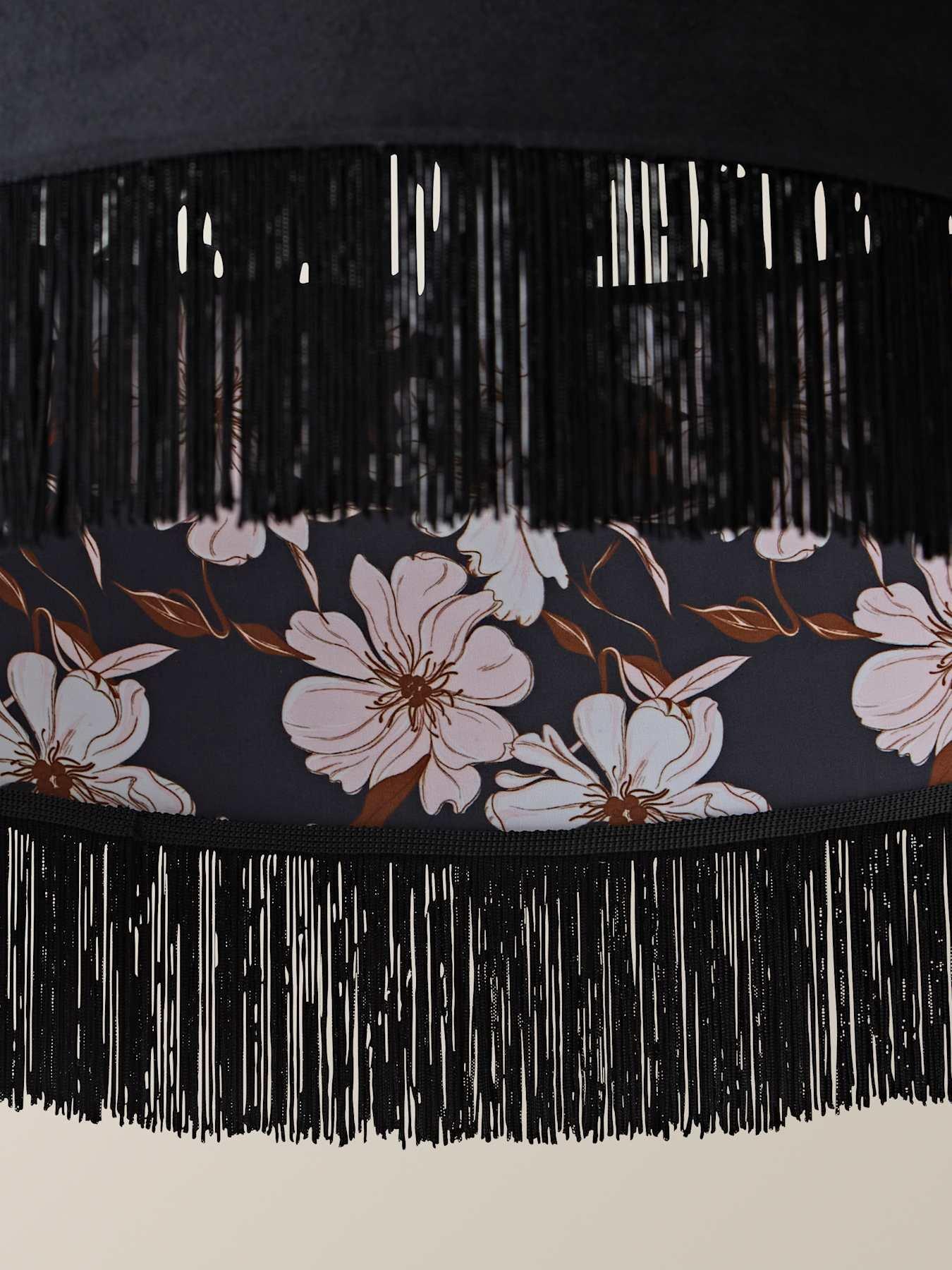 Image 5 of 7 of ValueLights Kimberly Black Velvet Printed Inner Drum Shade With Fringe Trim