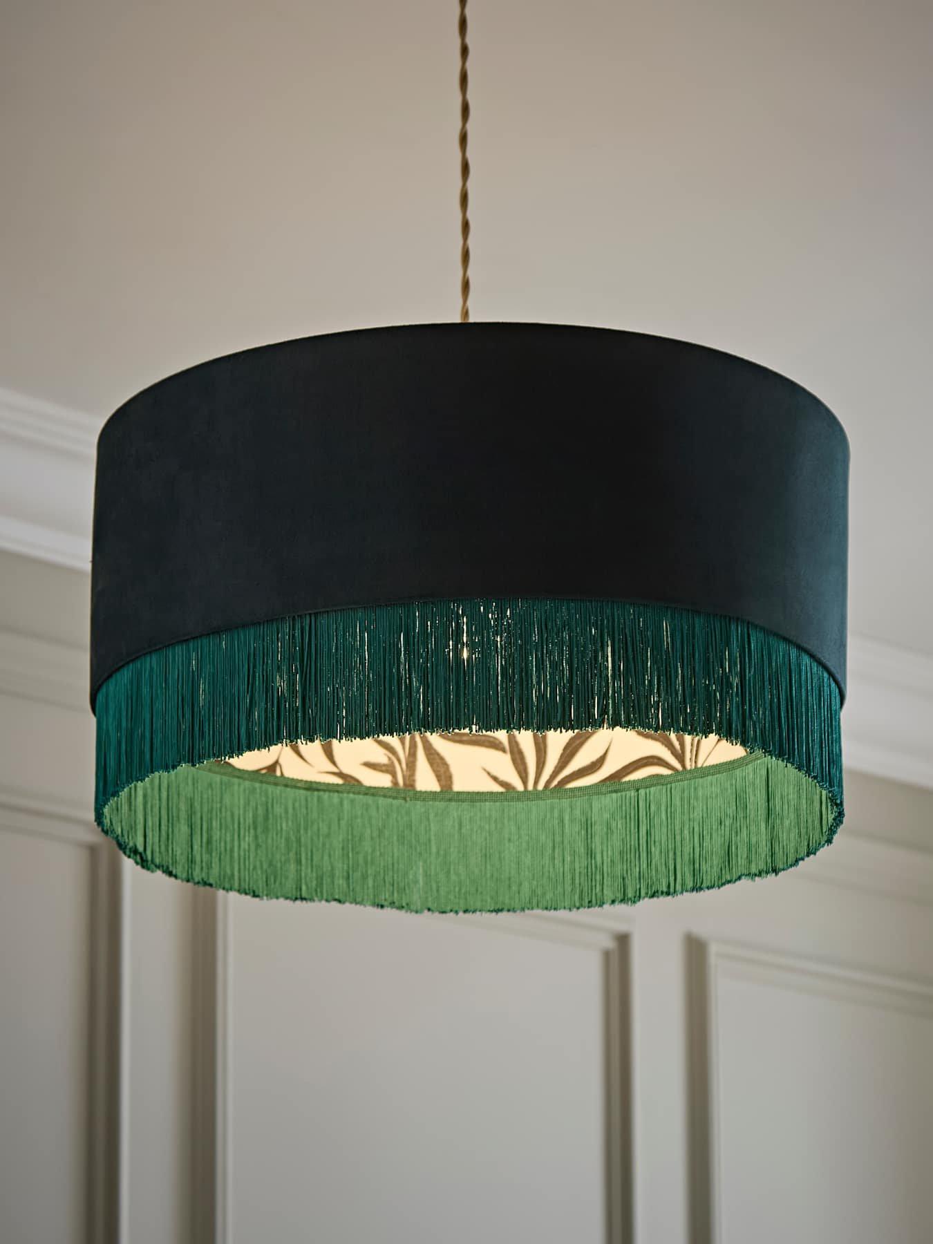 Image 1 of 7 of ValueLights Kimberly Forest Green Velvet Printed Inner Drum Shade With Fringe Trim