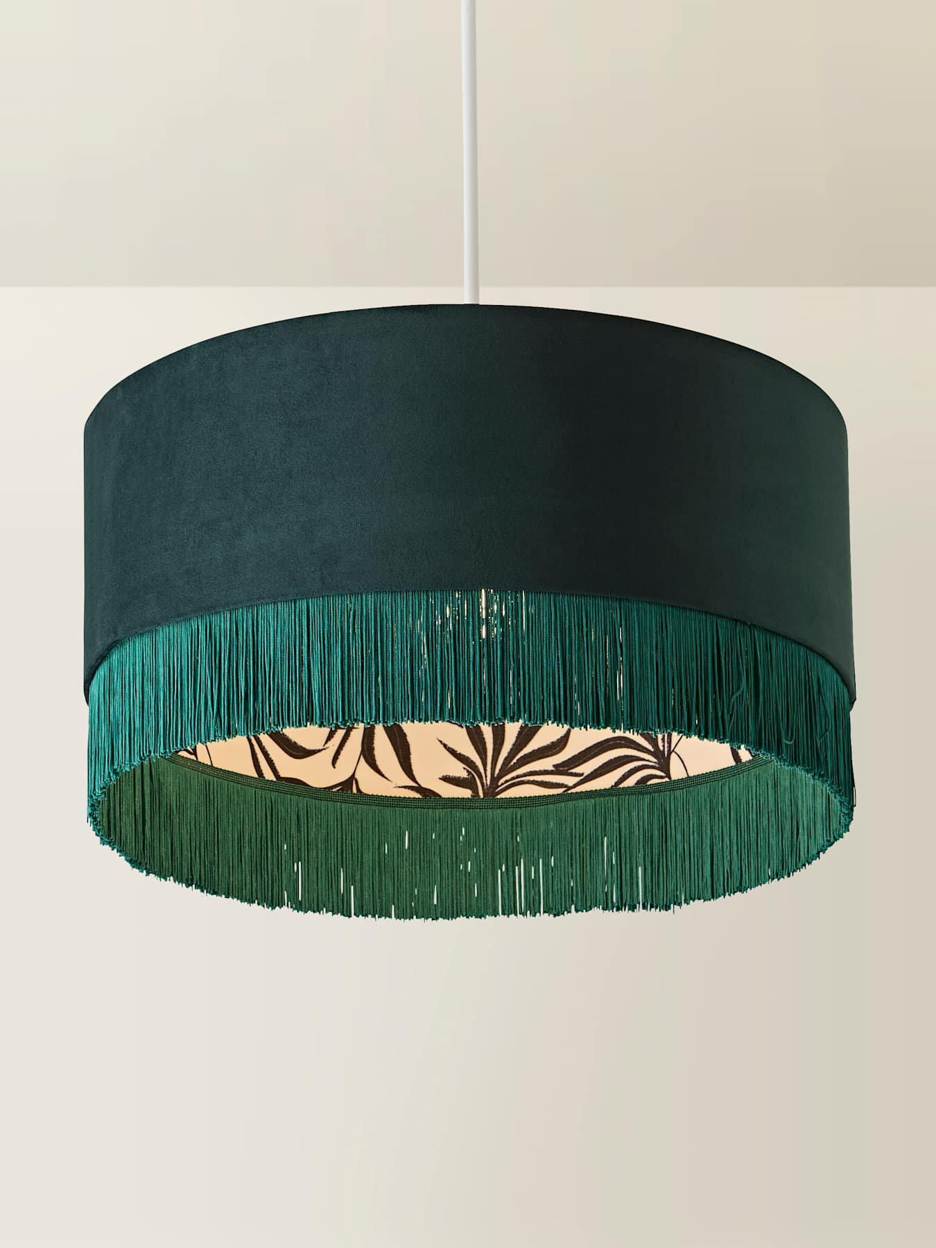 Image 3 of 7 of ValueLights Kimberly Forest Green Velvet Printed Inner Drum Shade With Fringe Trim