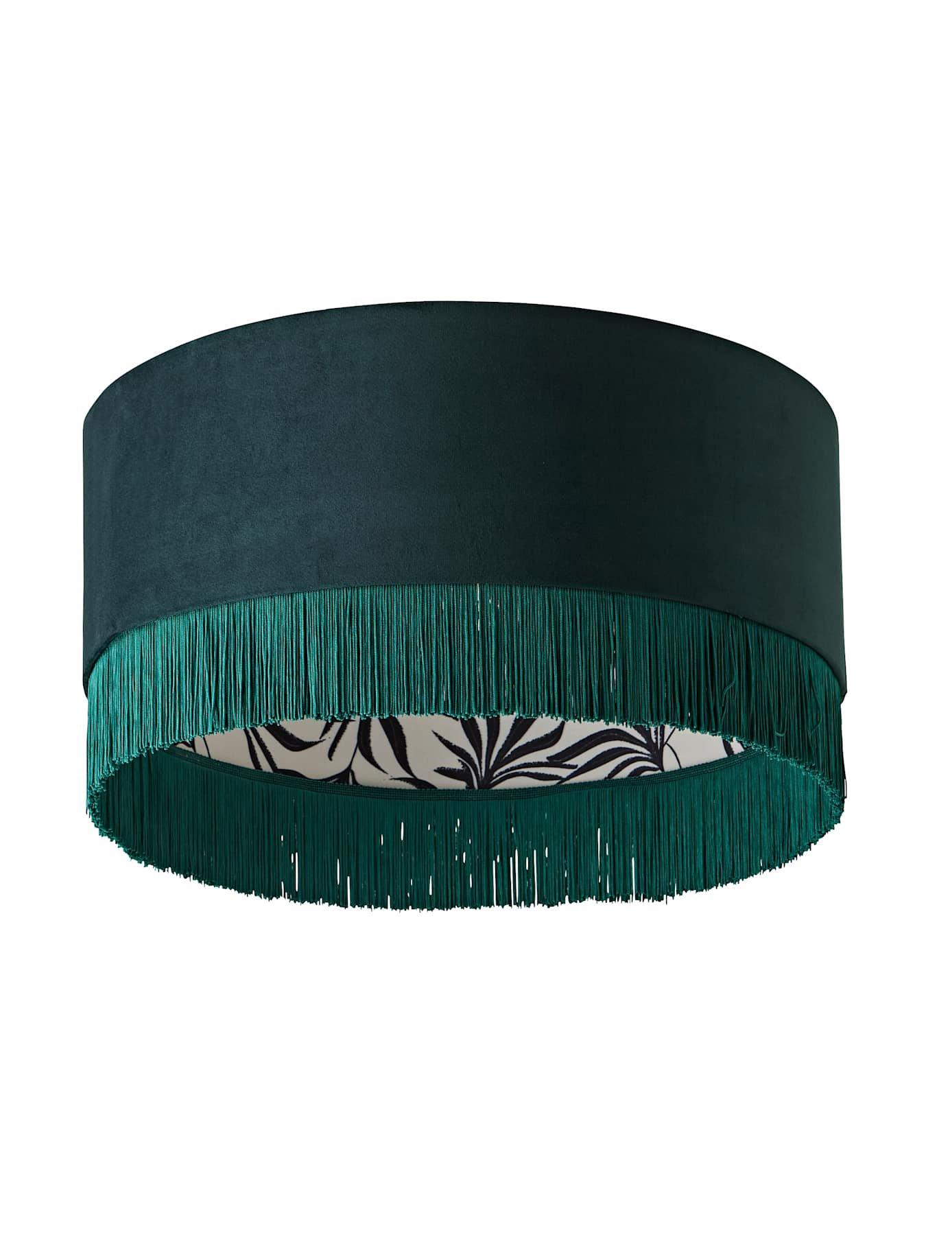 Image 7 of 7 of ValueLights Kimberly Forest Green Velvet Printed Inner Drum Shade With Fringe Trim