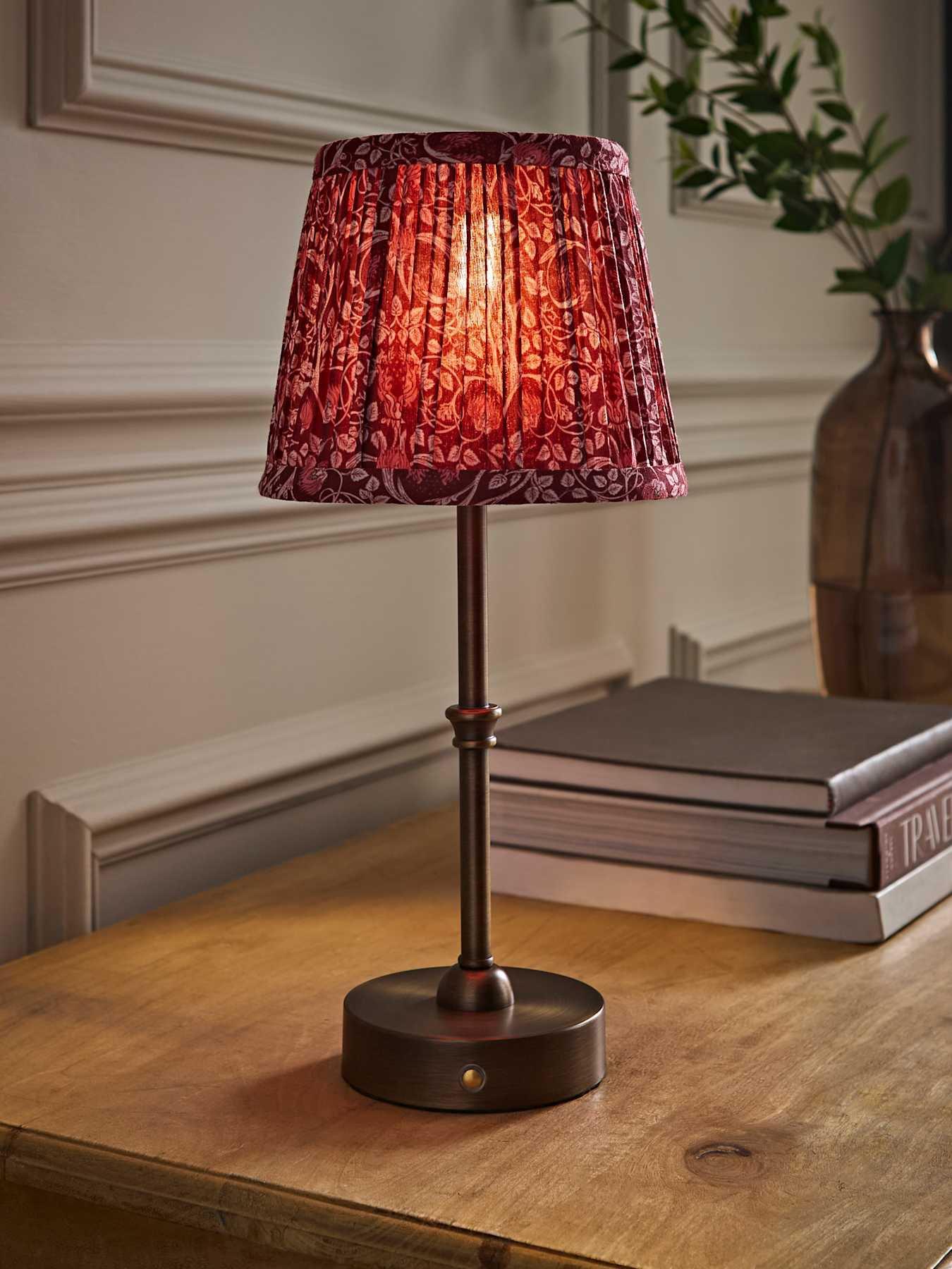 Valuelights Lowe Brushed Brass Rechargeable Table Lamp With Burgandy Floral Pleated Shade