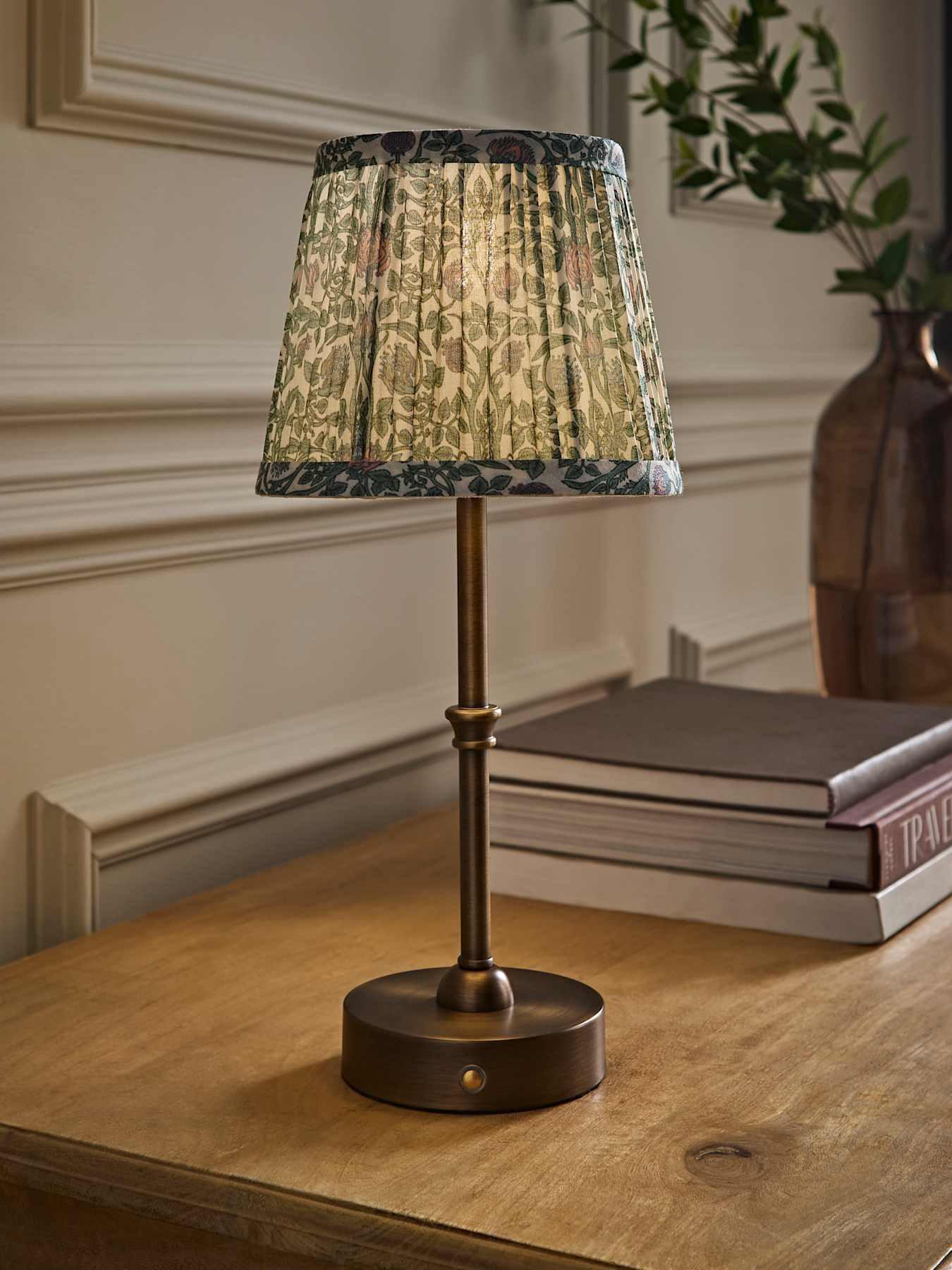 Valuelights Lowe Brushed Brass Rechargeable Table Lamp With Floral Pleated Shade