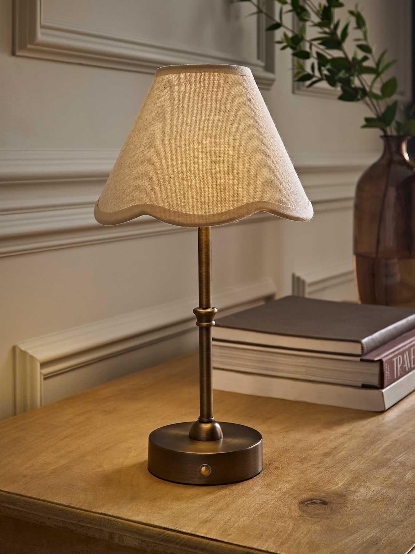 Valuelights Lowe Brushed Brass Rechargeable Table Lamp With Florie Natural Shade