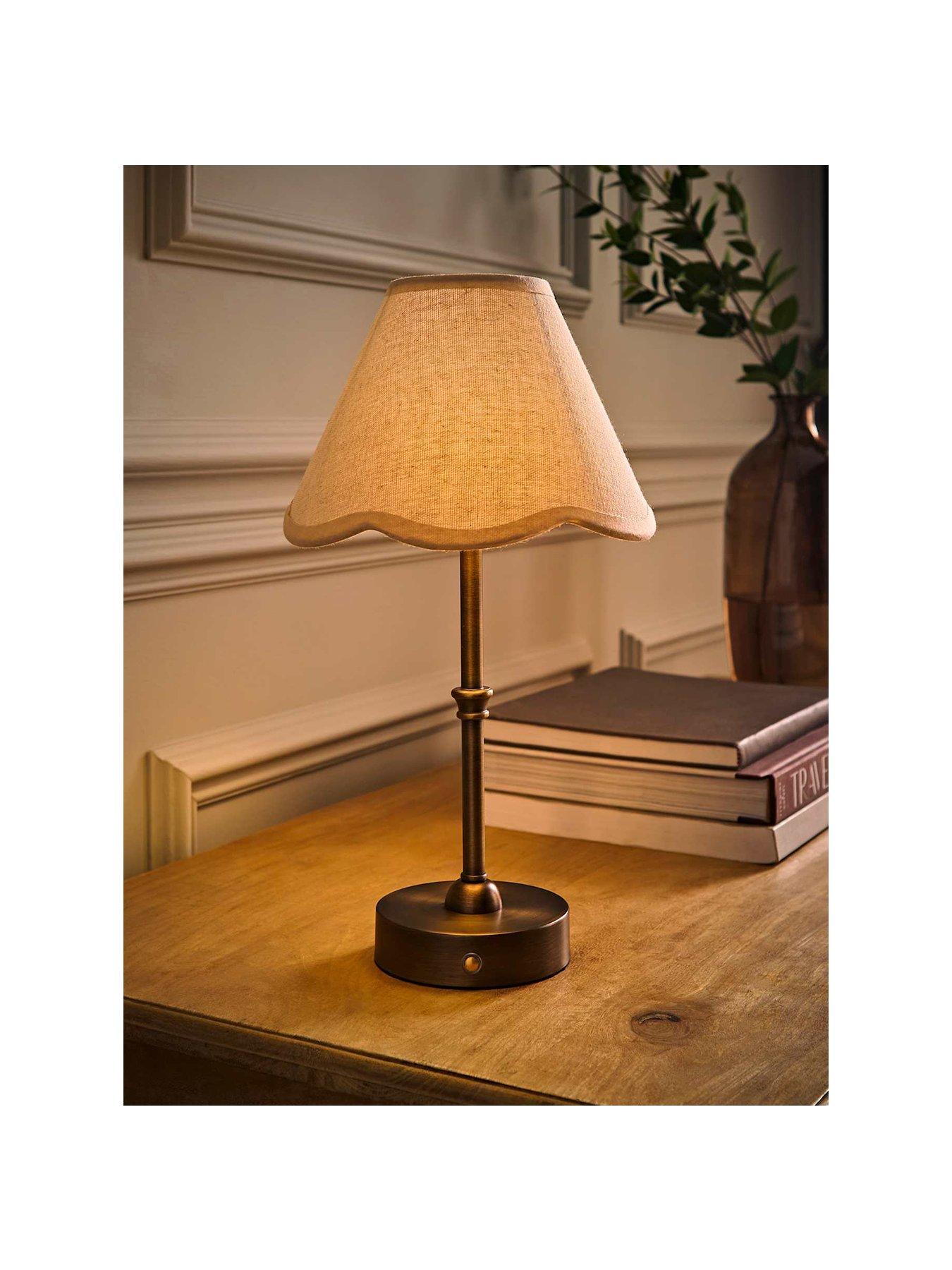 Image 2 of 6 of ValueLights Lowe Brushed Brass Rechargeable Table Lamp With Florie Natural Shade