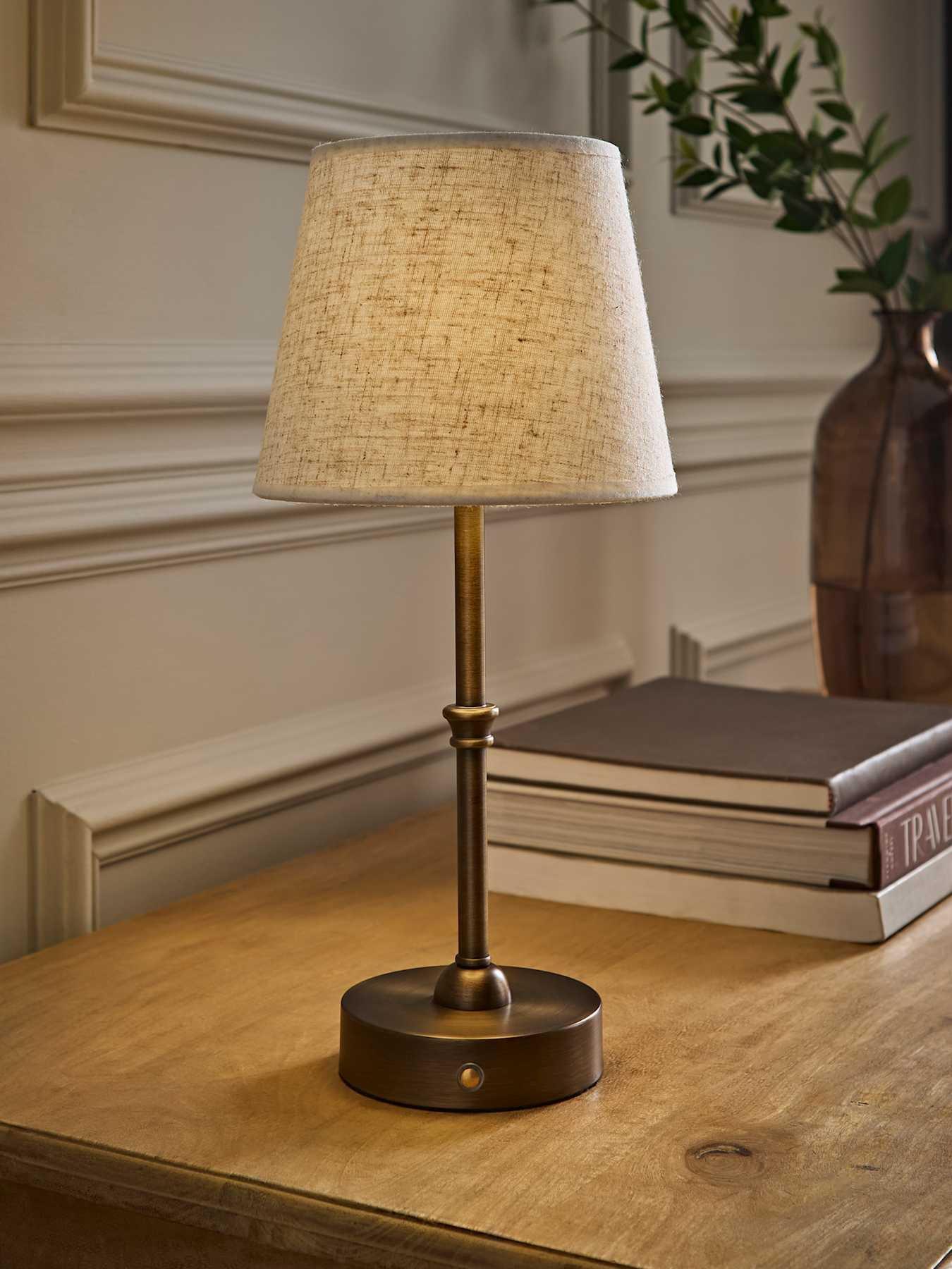 Valuelights Lowe Brushed Brass Rechargeable Table Lamp With Linen Taper Shade