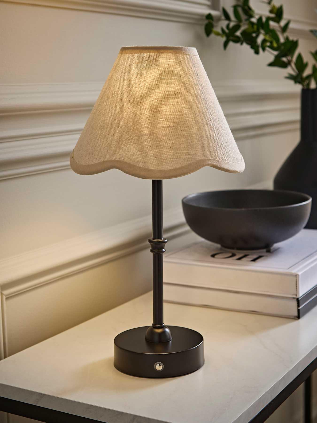 Valuelights Lowe Matte Black Rechargeable Table Lamp With Florie Natural Shade