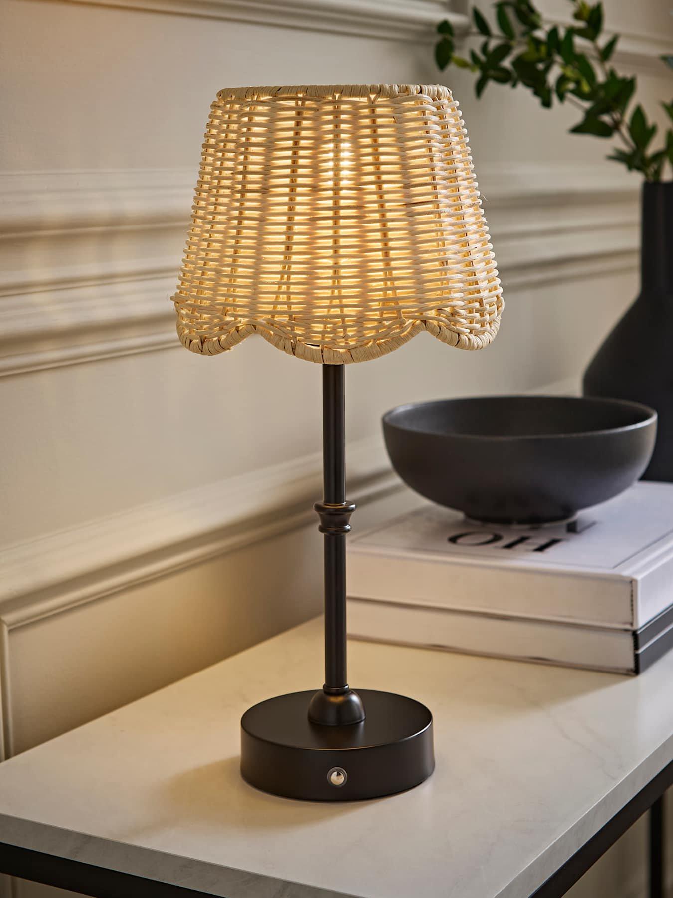 Valuelights Lowe Matte Black Rechargeable Table Lamp With Rattan Taper Shade
