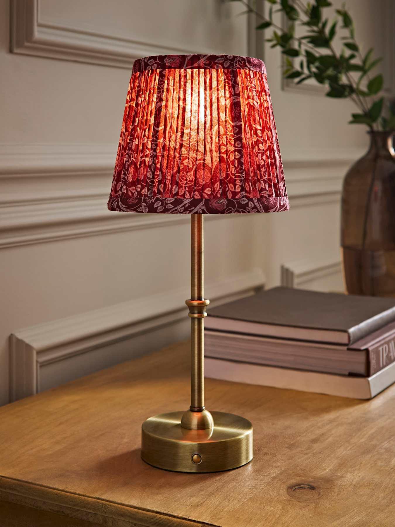 Valuelights Lowe Brushed Gold Rechargeable Table Light Base With Burgandy Floral Pleated Shade