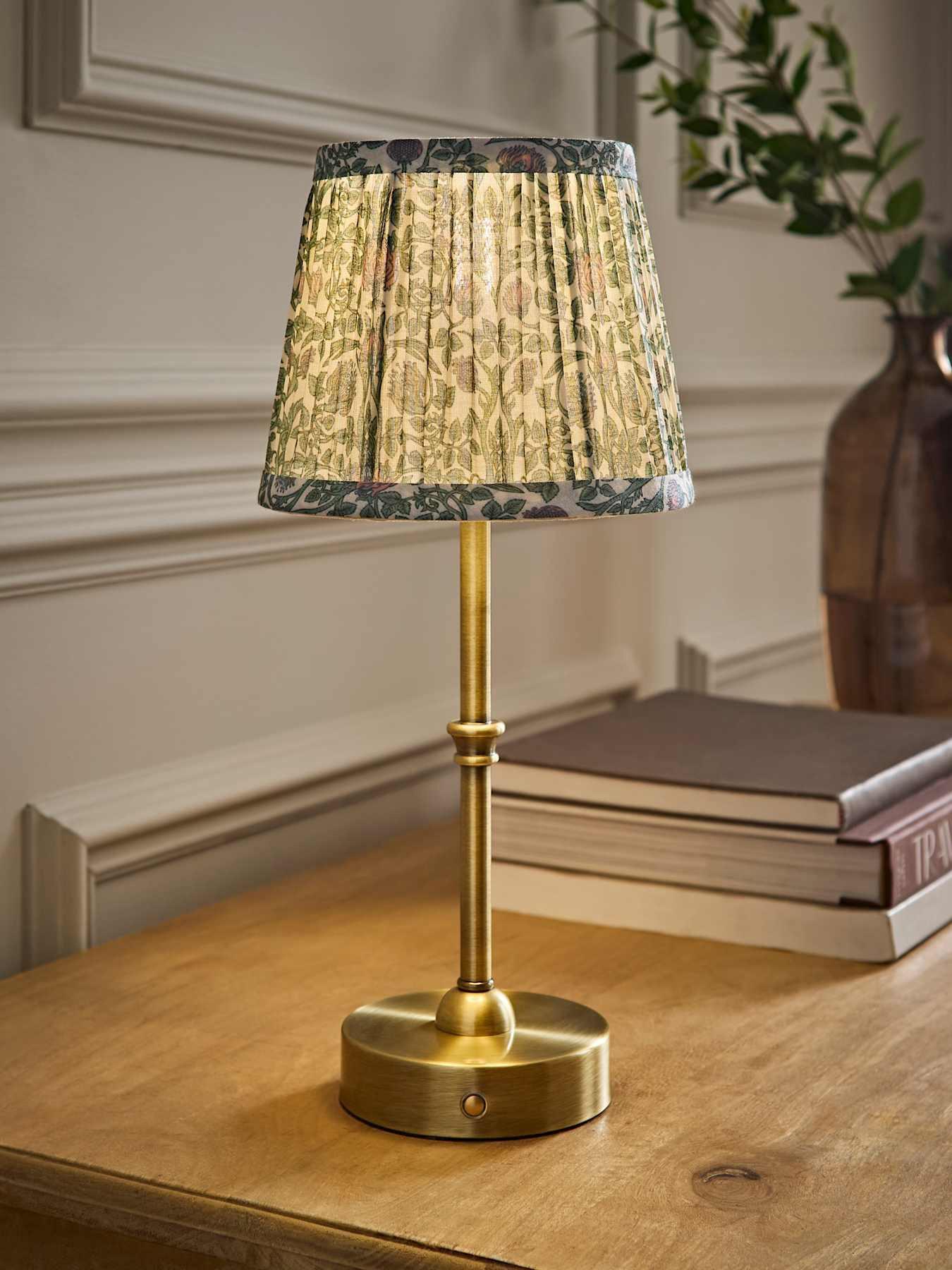 Valuelights Lowe Brushed Gold Rechargeable Table Light Base With Floral Pleated Shade