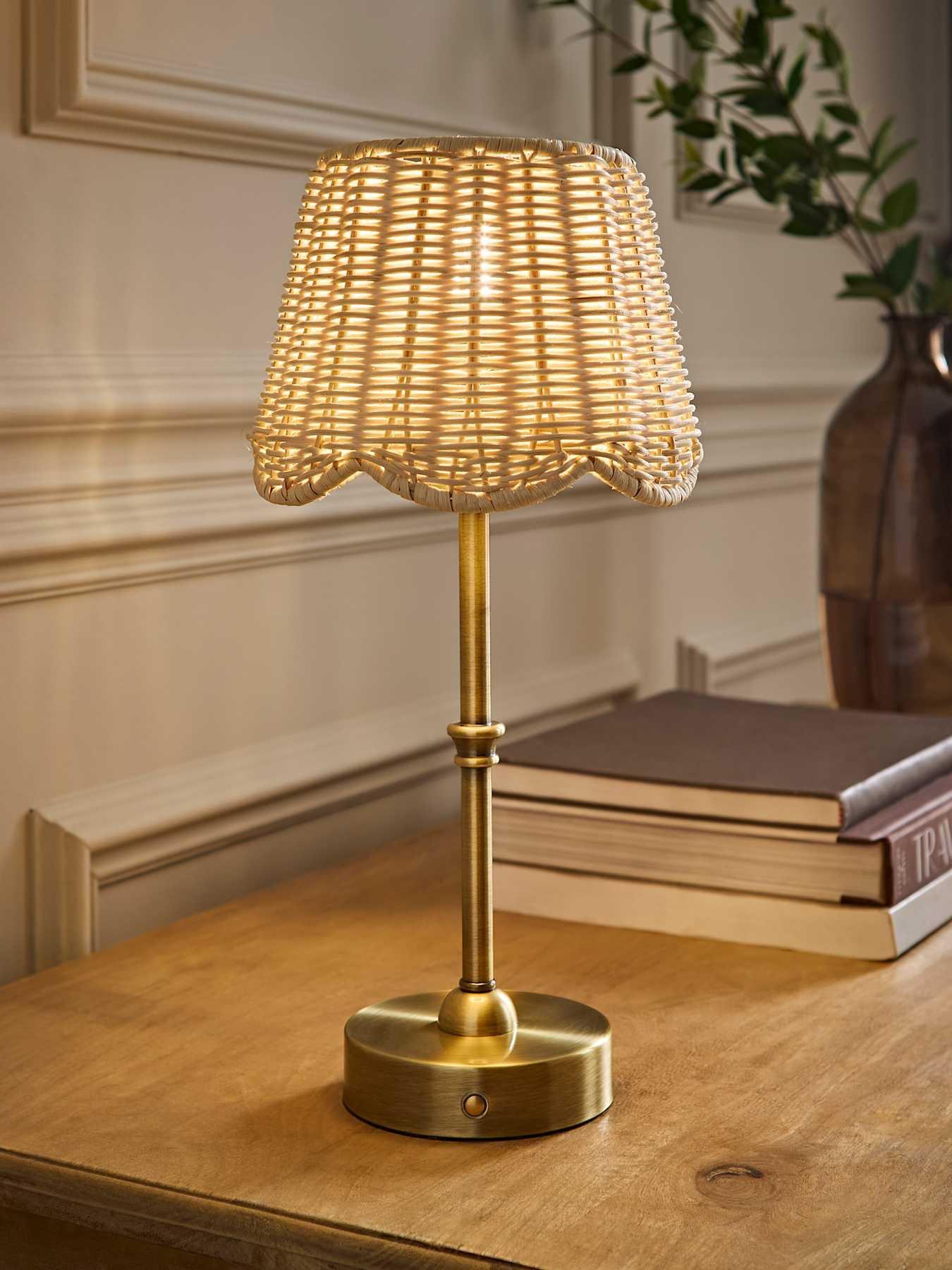 Valuelights Lowe Brushed Gold Rechargeable Table Light Base With Rattan Taper Shade