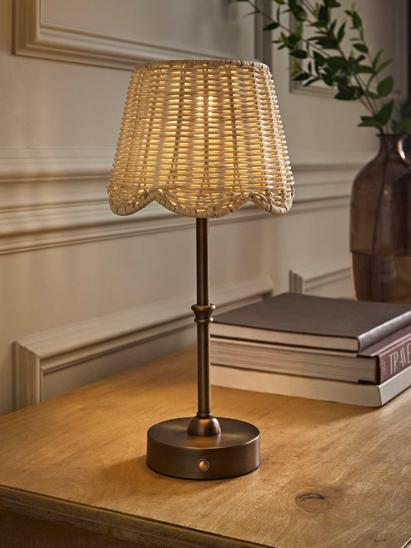 Valuelights Lowe Brushed Brass Rechargeable Table Lamp With Rattan Taper Shade