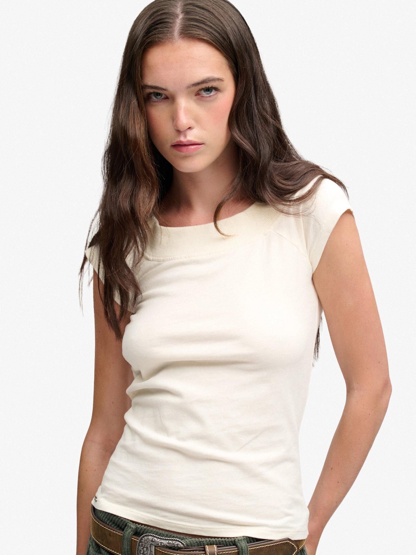 Image 1 of 6 of Superdry Ath Ess Off Shoulder Long Sleeve Bardot Top - Off White