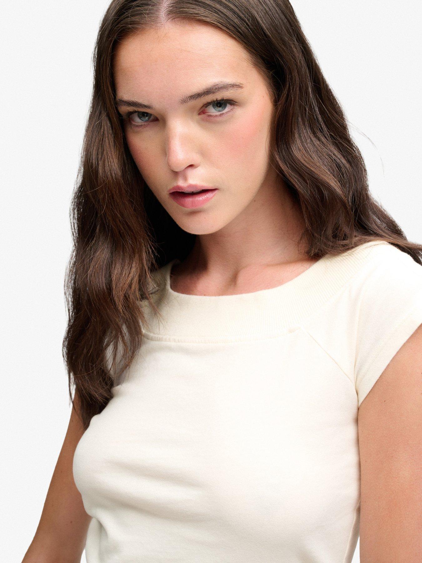 Image 5 of 6 of Superdry Ath Ess Off Shoulder Long Sleeve Bardot Top - Off White