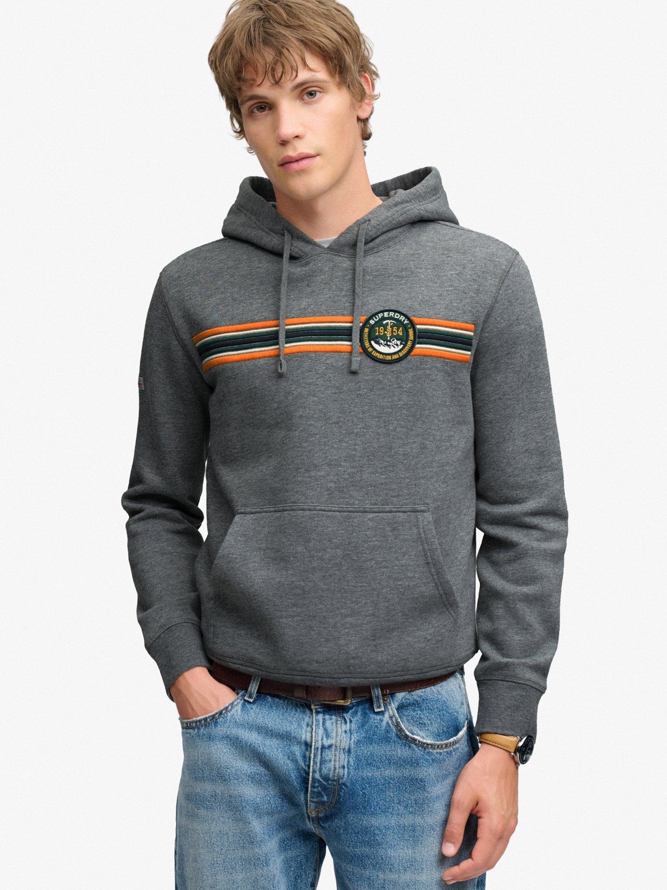Image 1 of 6 of Superdry Mens Outdoors Stripe Logo Relaxed Fit Hoodie - Dark Grey
