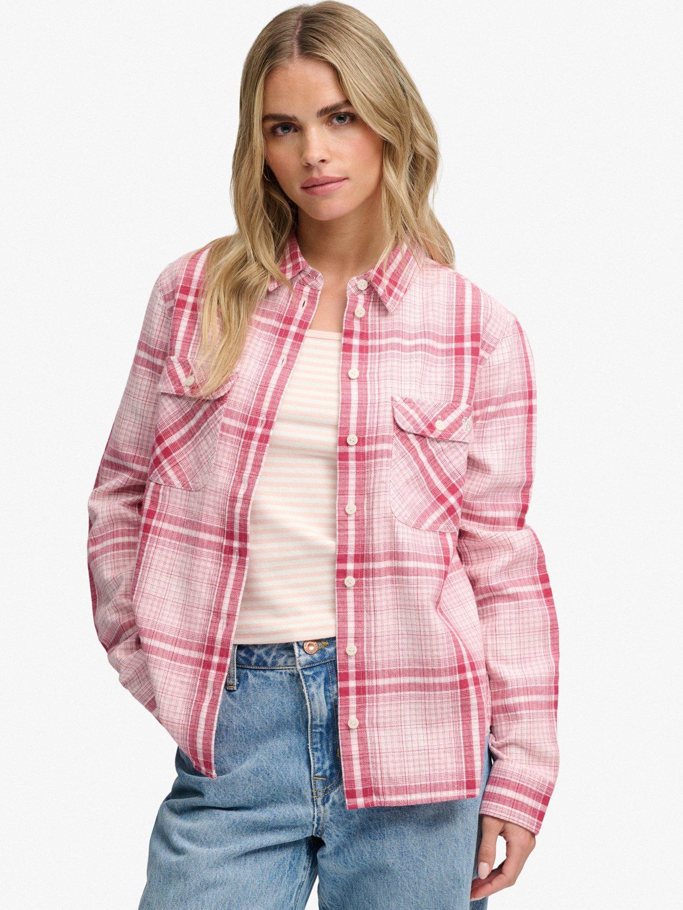 Superdry Womens Lumberjack Check Relaxed Fit Flannel Shirt, Pink, Size 16, Women