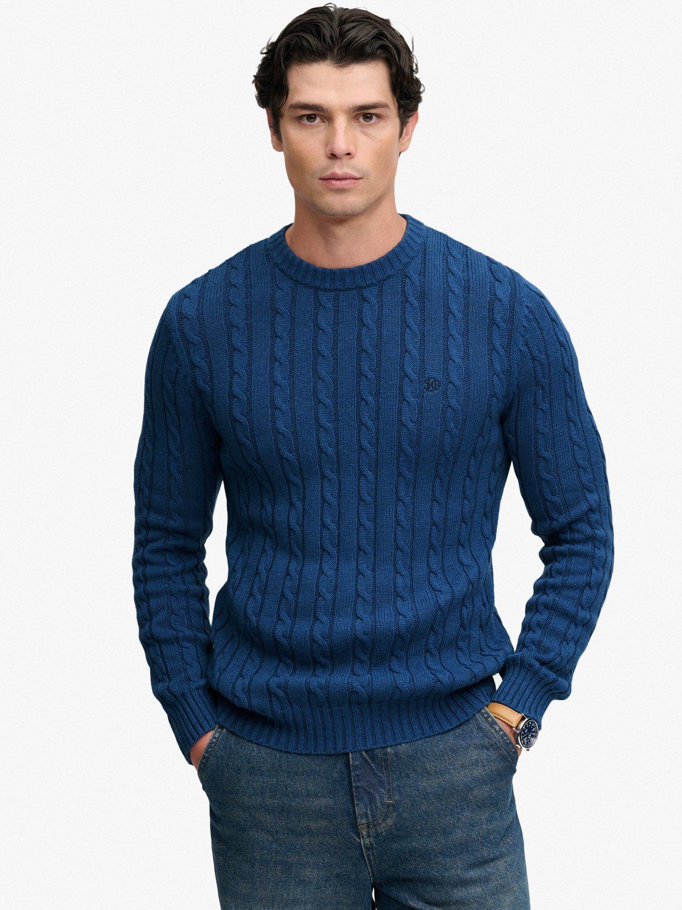 Image 1 of 6 of Superdry Cotton Cable Knit Crew Jumper - Blue