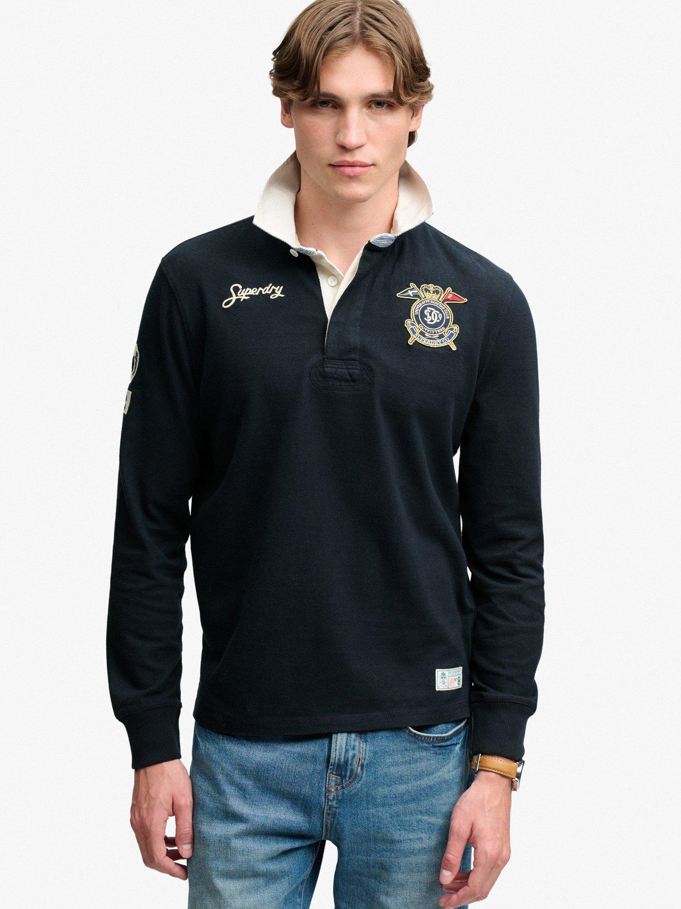 Image 1 of 6 of Superdry Mens Double Emblem Relaxed Fit Rugby Polo Shirt - Navy