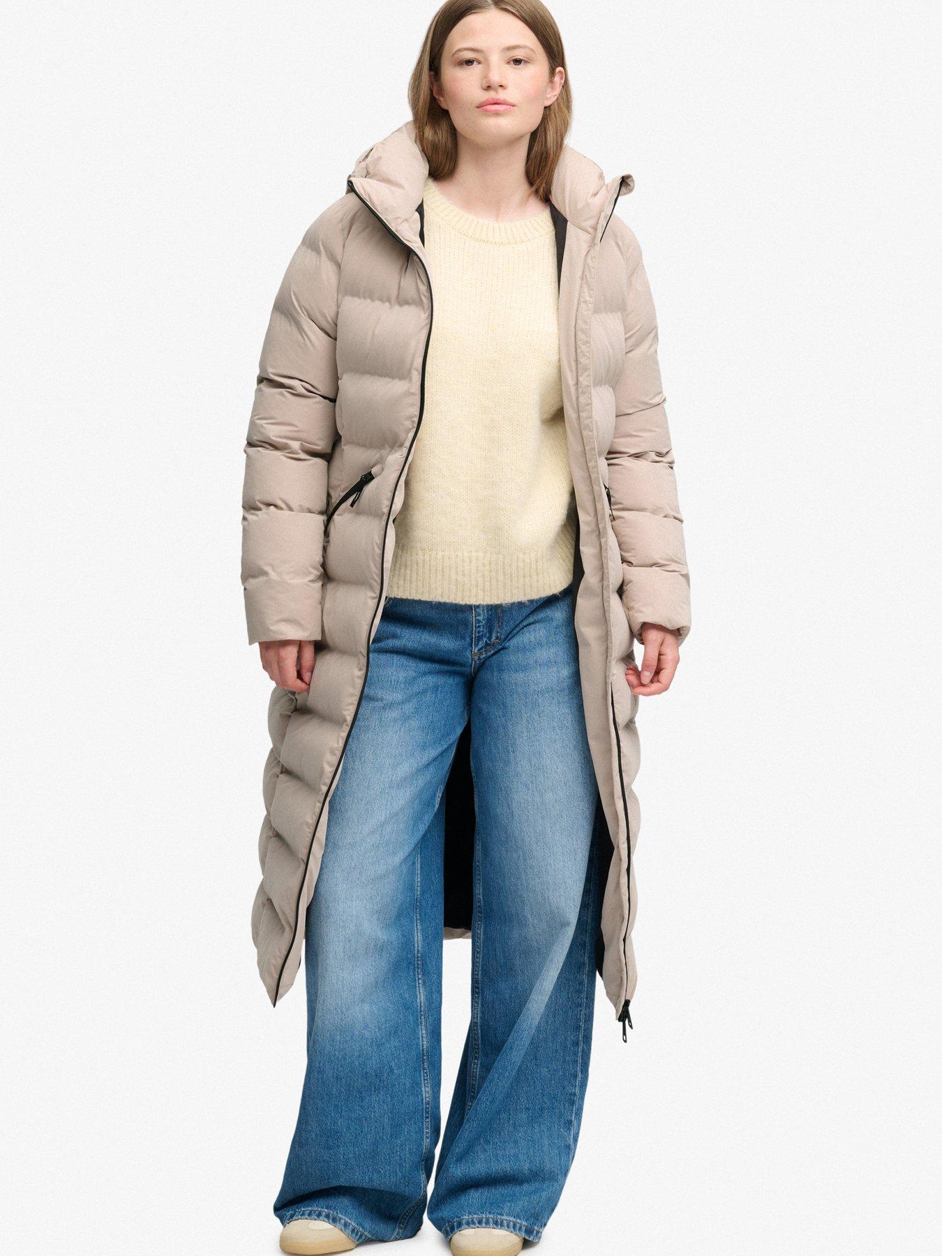 Image 1 of 7 of Superdry Womens City Longline Relaxed Fit Two-Way Zip Jacket - Beige