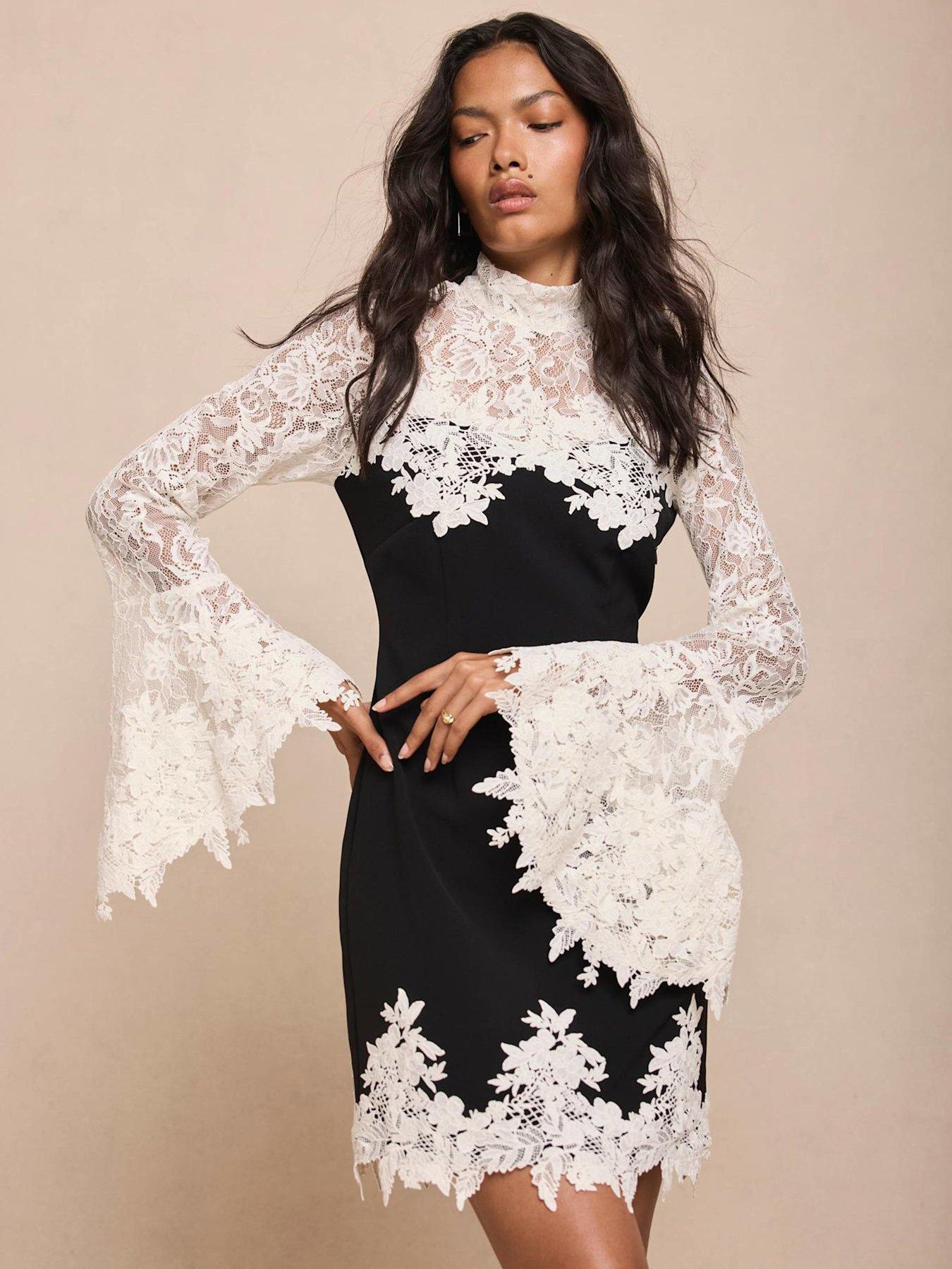Image 1 of 6 of Mint Velvet Black Lace Yoke Mini Dress