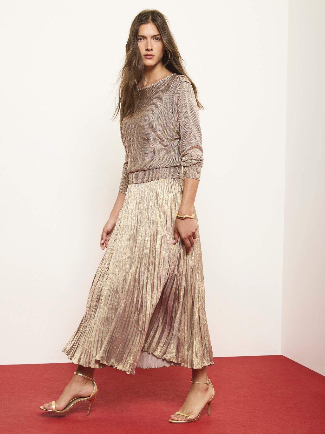 Image 1 of 6 of Mint Velvet Gold Knit Woven Midi Dress