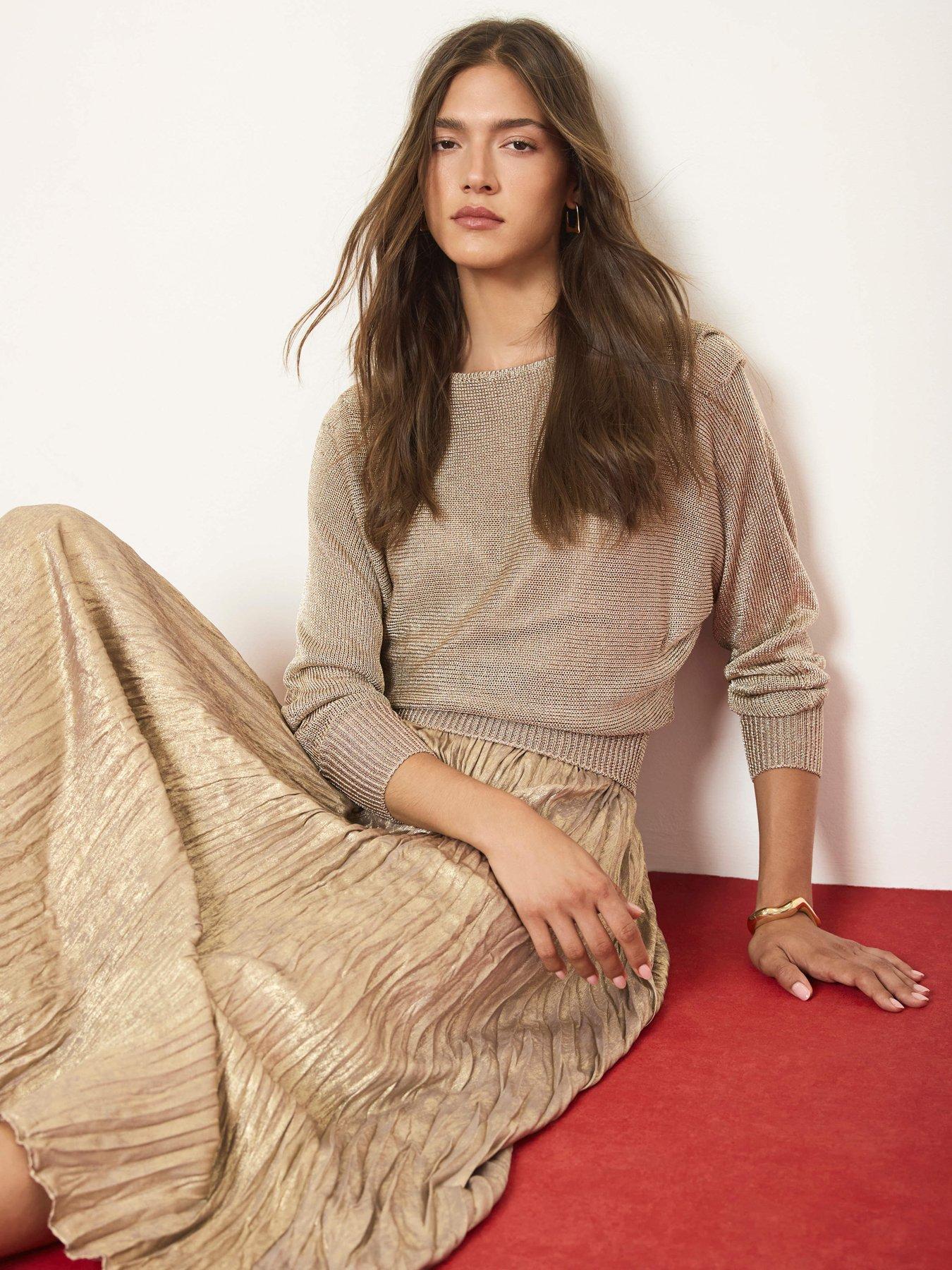 Image 2 of 6 of Mint Velvet Gold Knit Woven Midi Dress