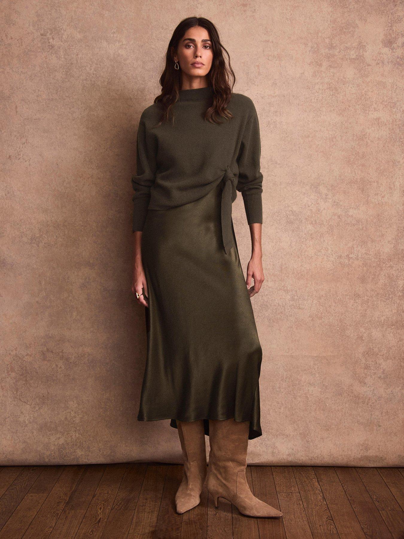 Image 1 of 6 of Mint Velvet Womens Tie Front 2-in-1 Midi Dress - Green