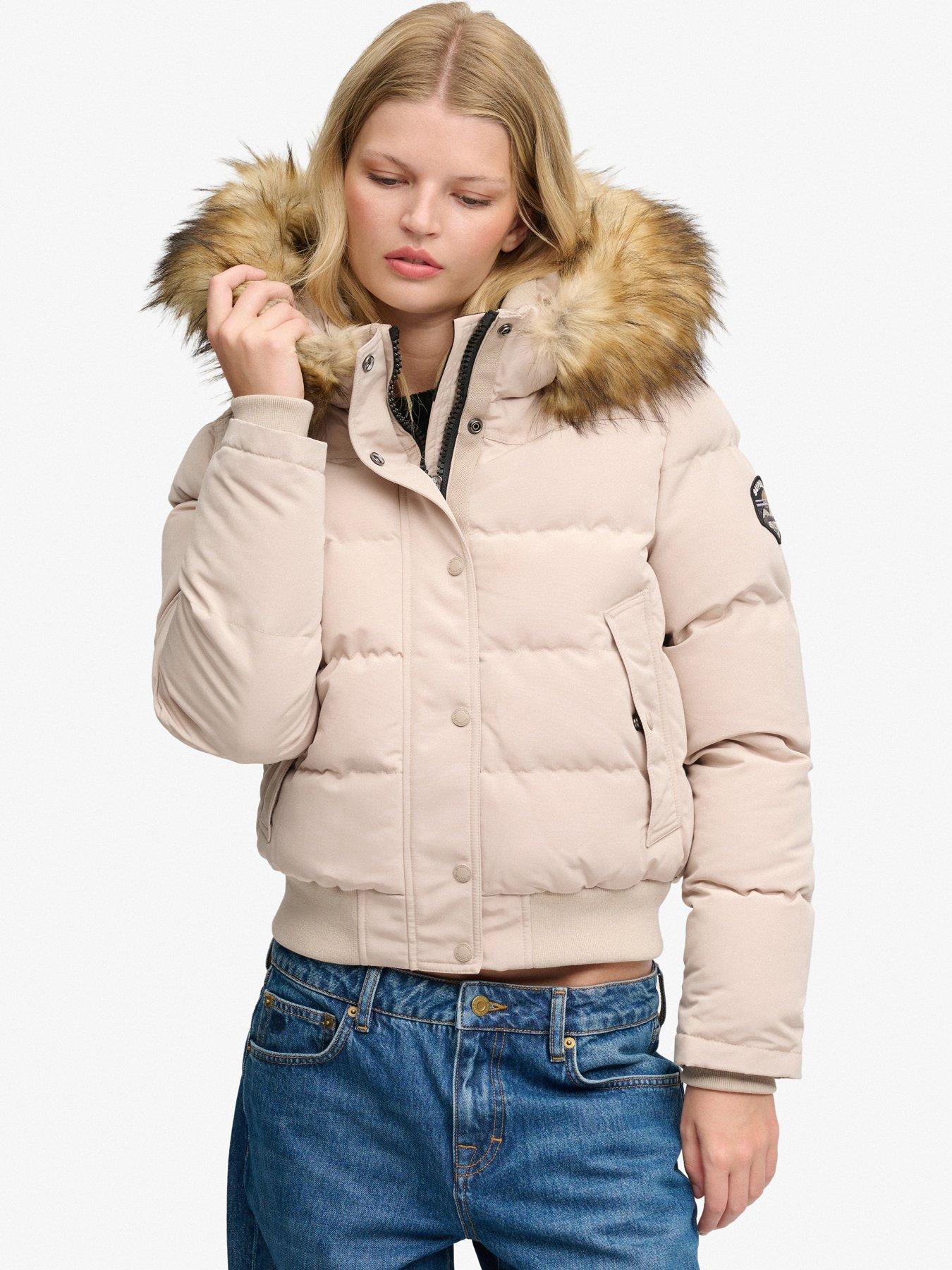 Image 1 of 5 of Superdry Womens Everest Quilted Faux-Fur Hood Bomber Jacket - Beige