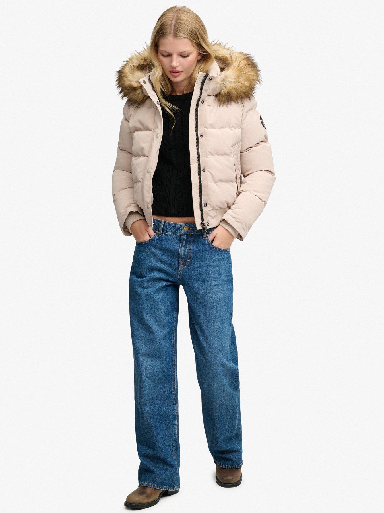 Image 3 of 5 of Superdry Womens Everest Quilted Faux-Fur Hood Bomber Jacket - Beige