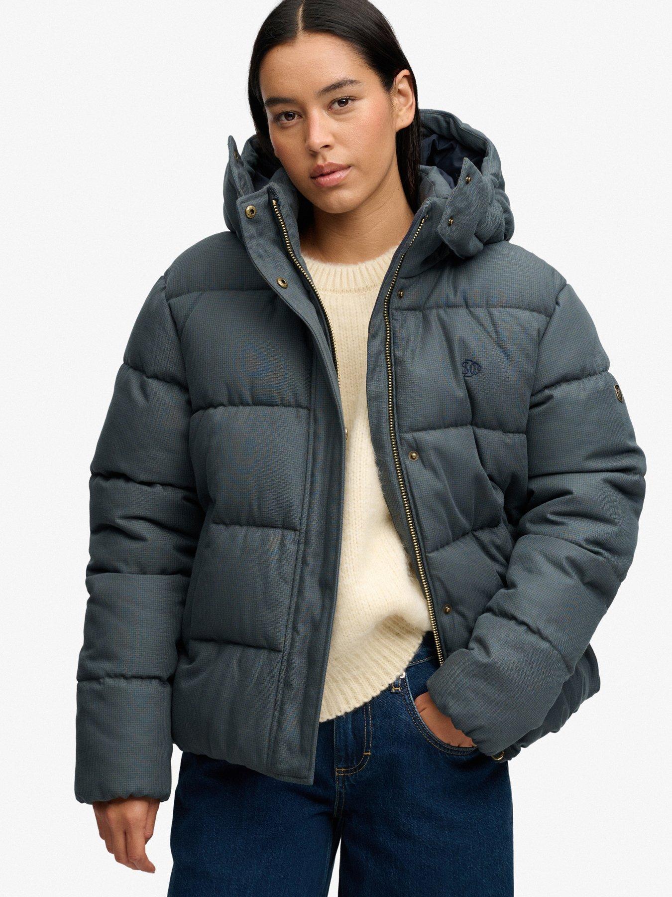 Image 1 of 7 of Superdry Womens Premium Hood Check Two-Way Zip Puffer Jacket - Navy