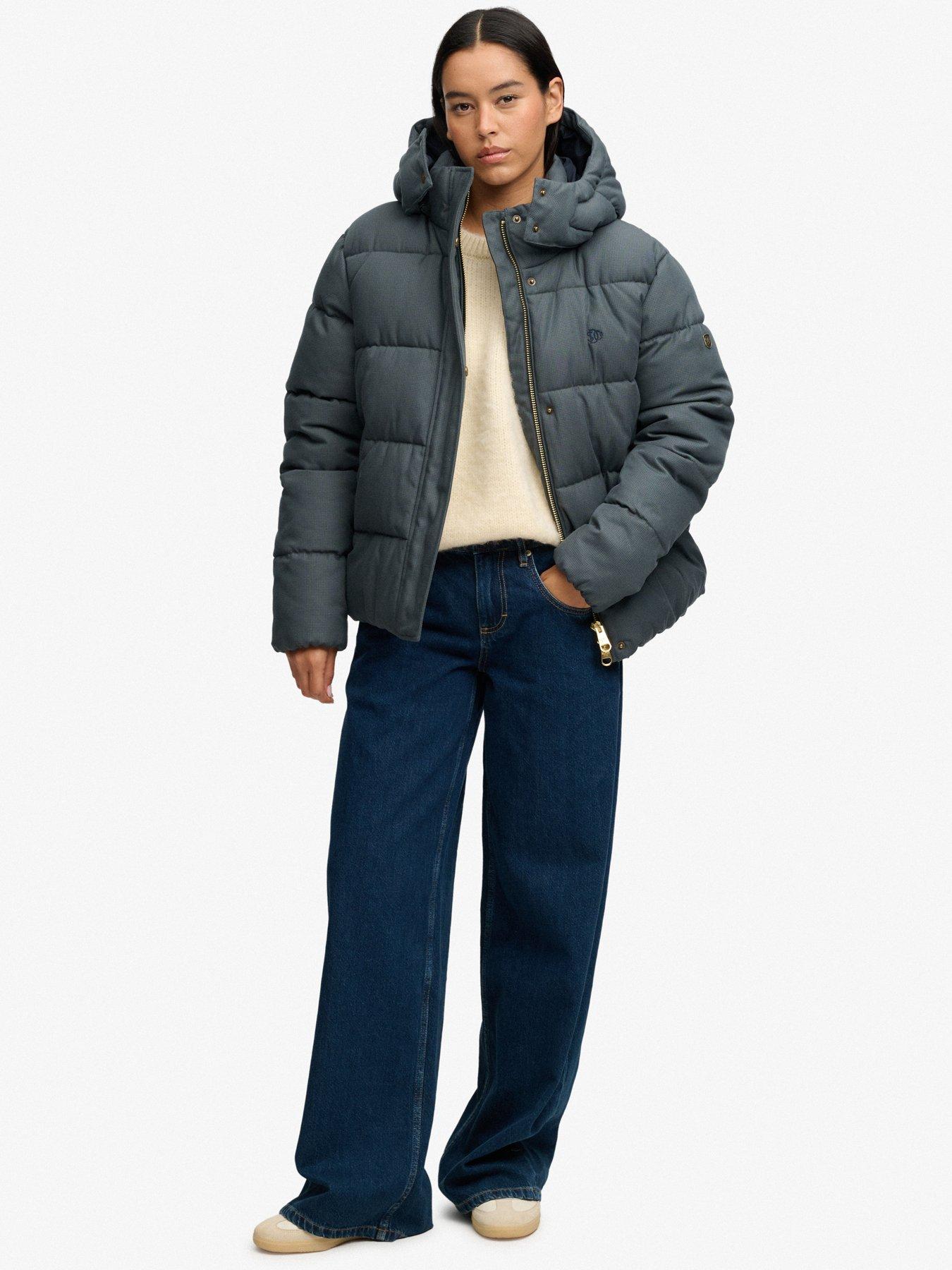 Image 3 of 7 of Superdry Womens Premium Hood Check Two-Way Zip Puffer Jacket - Navy