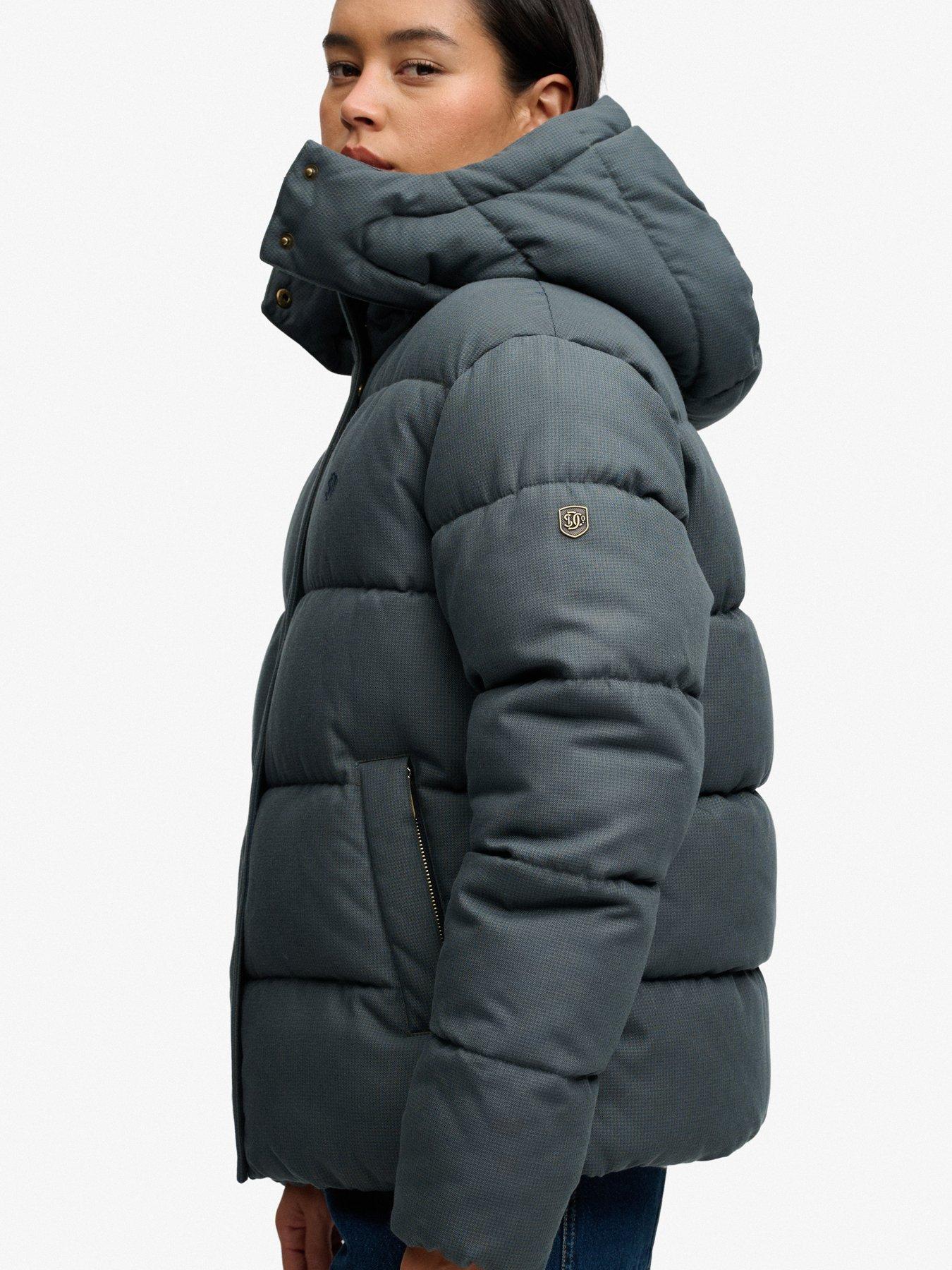 Image 4 of 7 of Superdry Womens Premium Hood Check Two-Way Zip Puffer Jacket - Navy