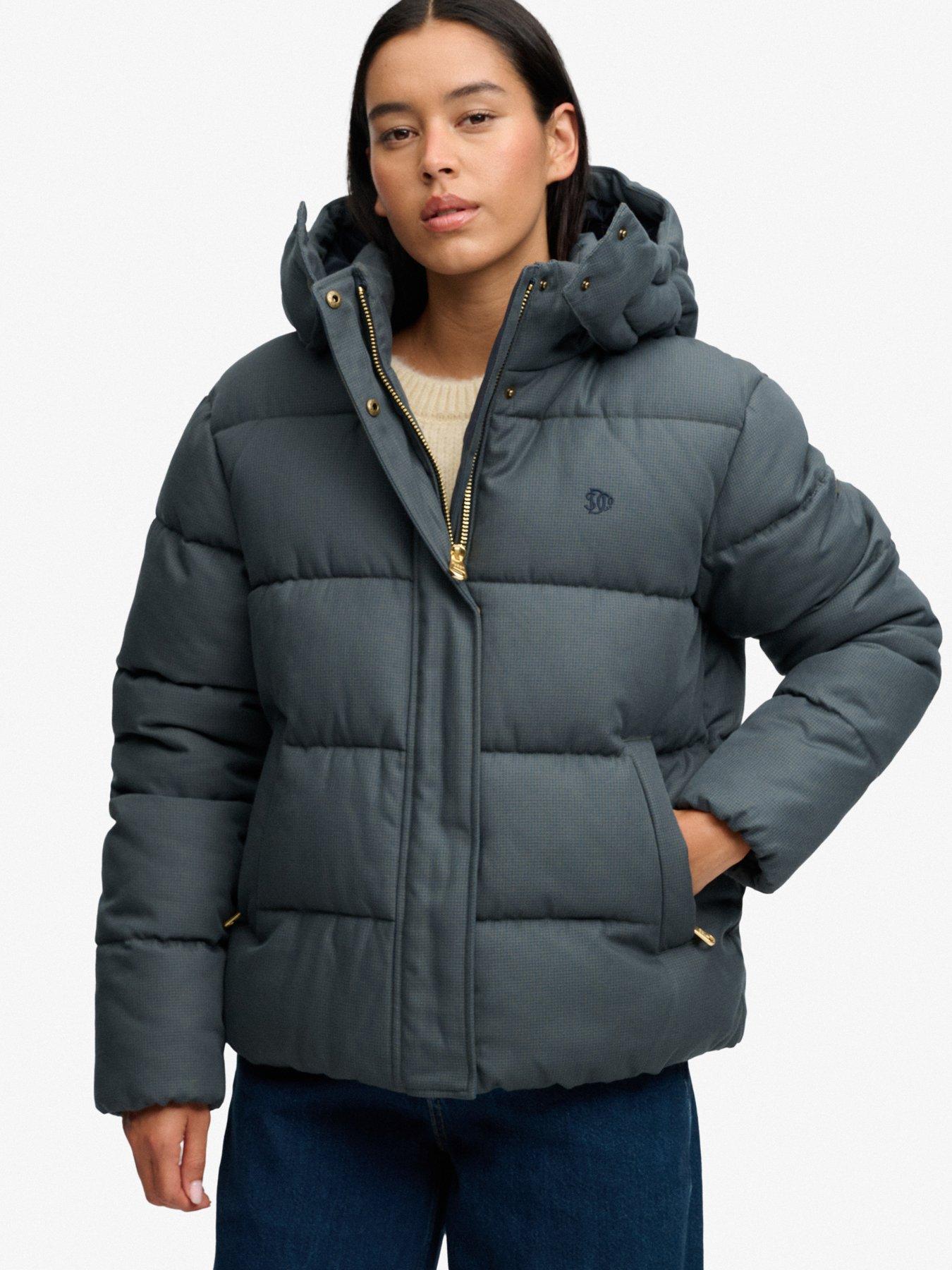 Image 5 of 7 of Superdry Womens Premium Hood Check Two-Way Zip Puffer Jacket - Navy