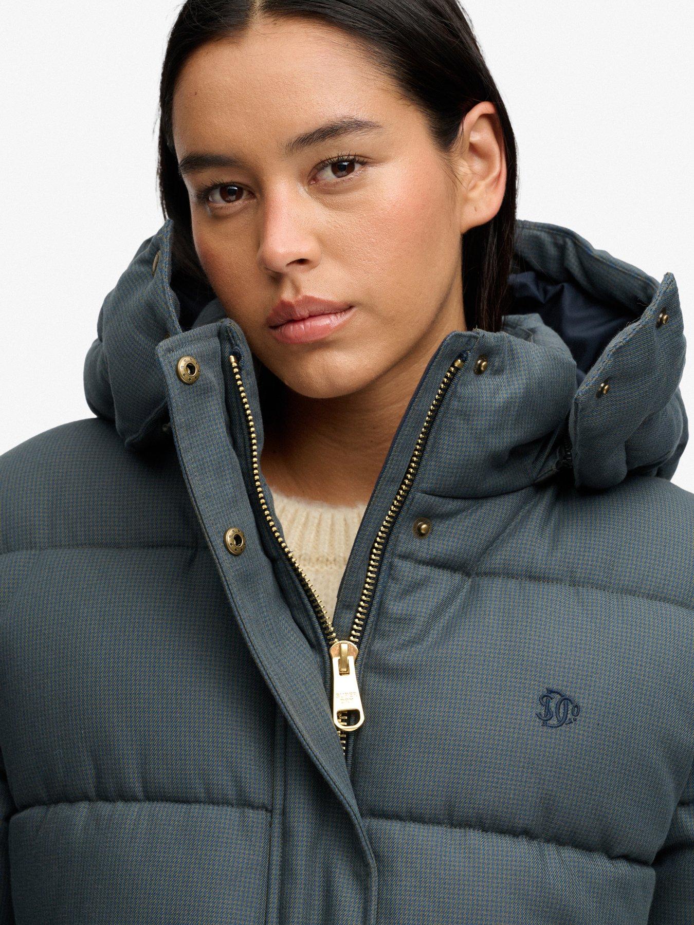 Image 6 of 7 of Superdry Womens Premium Hood Check Two-Way Zip Puffer Jacket - Navy