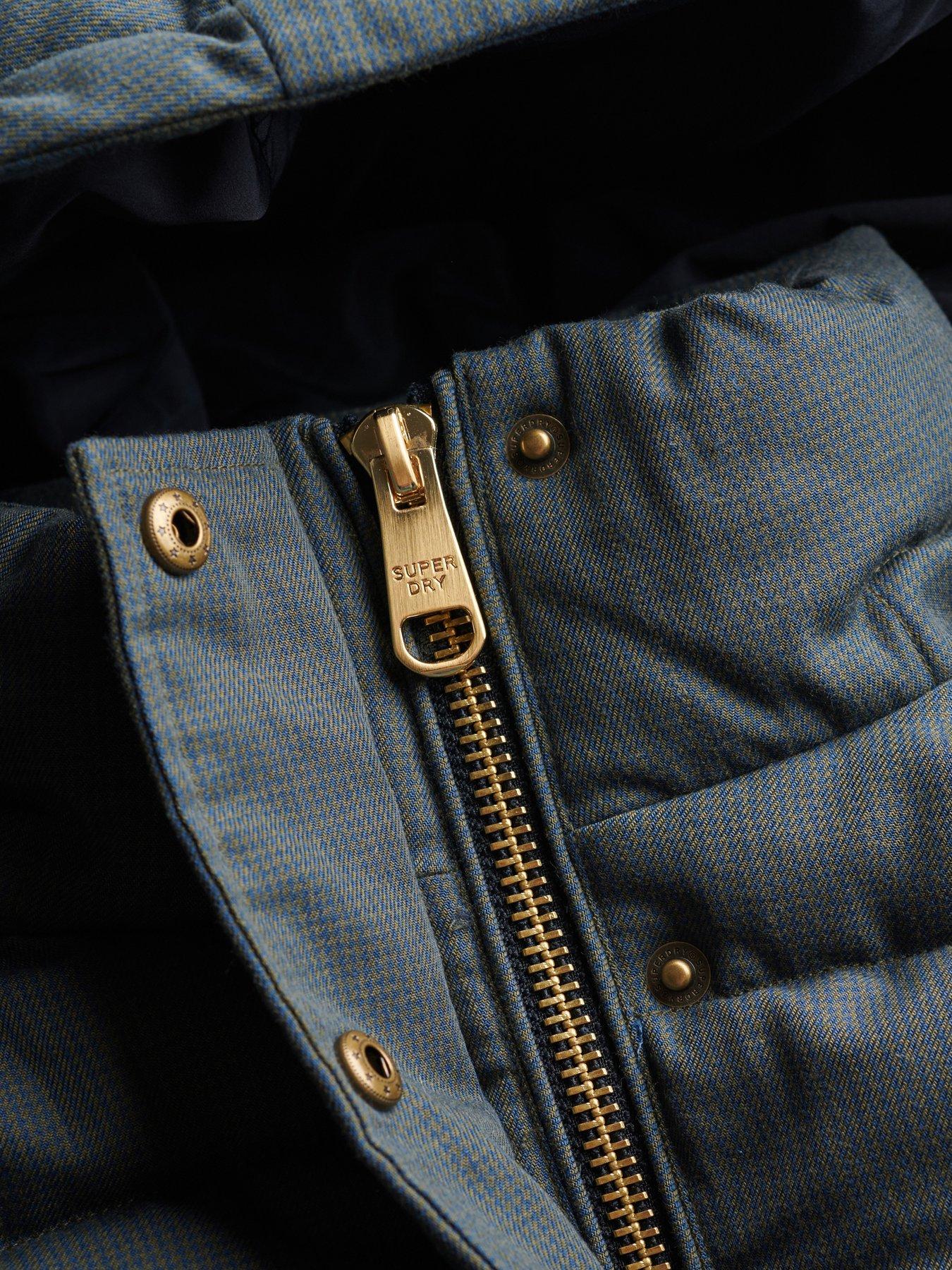 Image 7 of 7 of Superdry Womens Premium Hood Check Two-Way Zip Puffer Jacket - Navy
