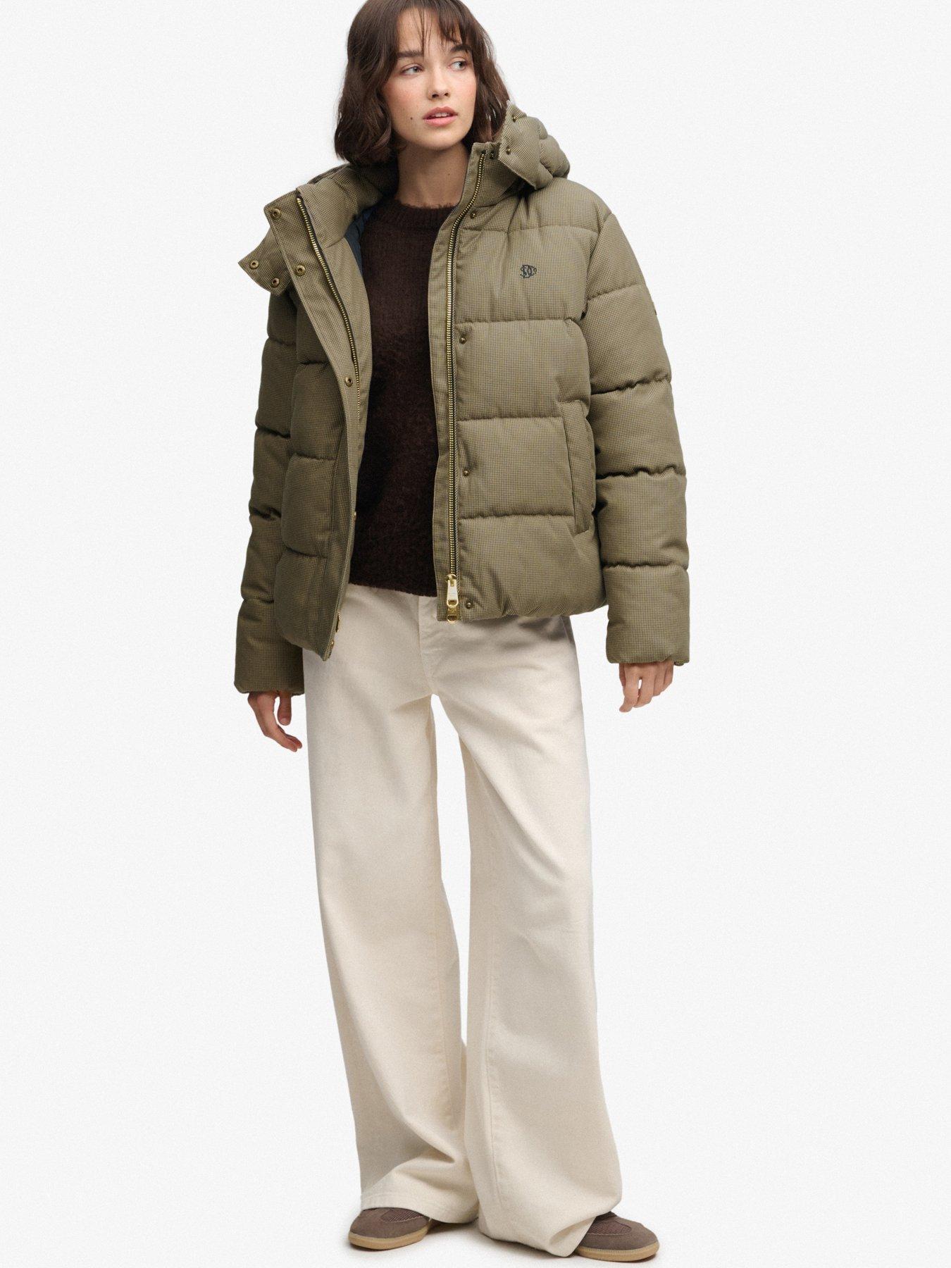 Image 3 of 7 of Superdry Superdry Premium Hood Check Puffer Jacket - Brown