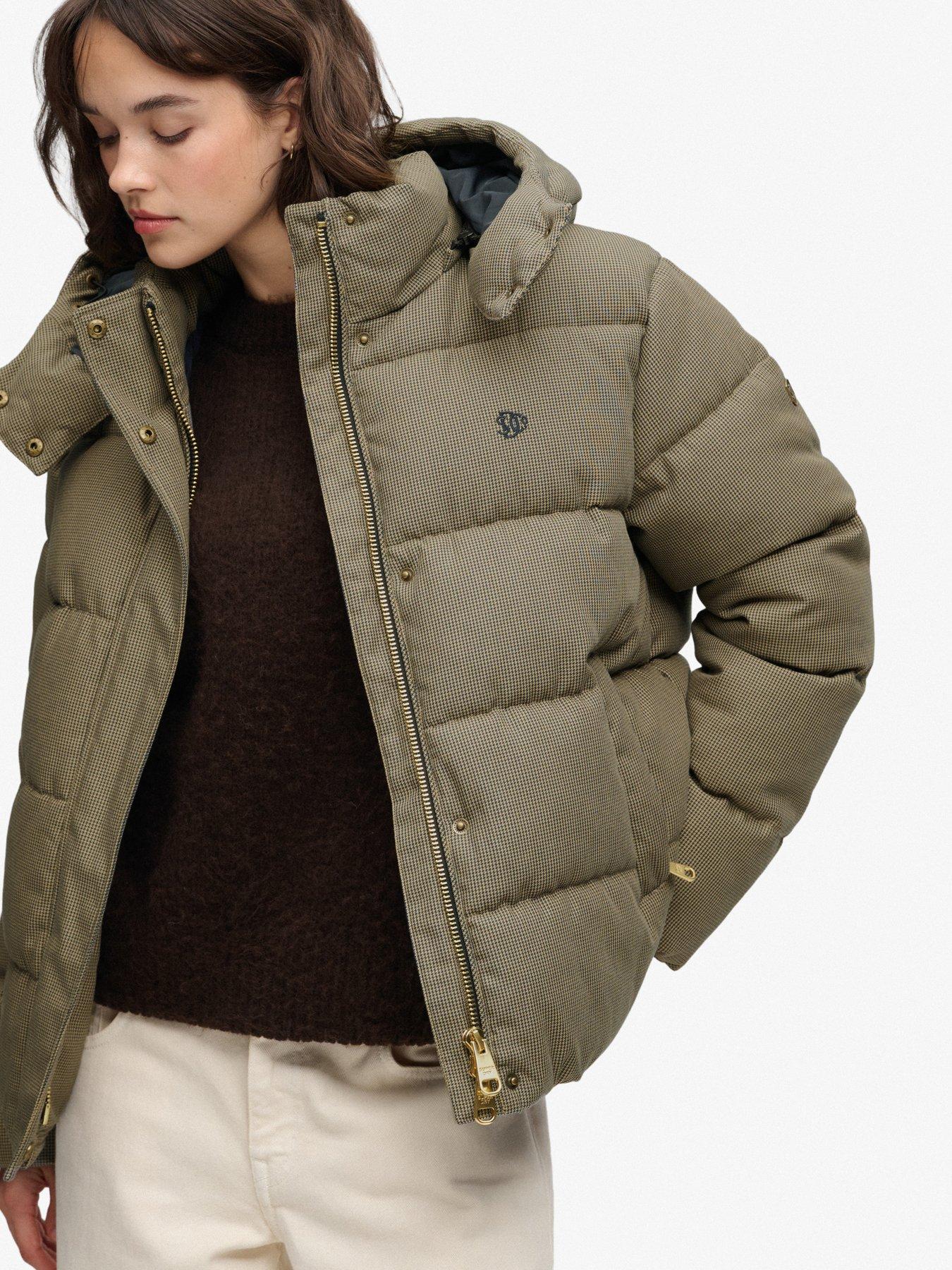 Image 4 of 7 of Superdry Superdry Premium Hood Check Puffer Jacket - Brown