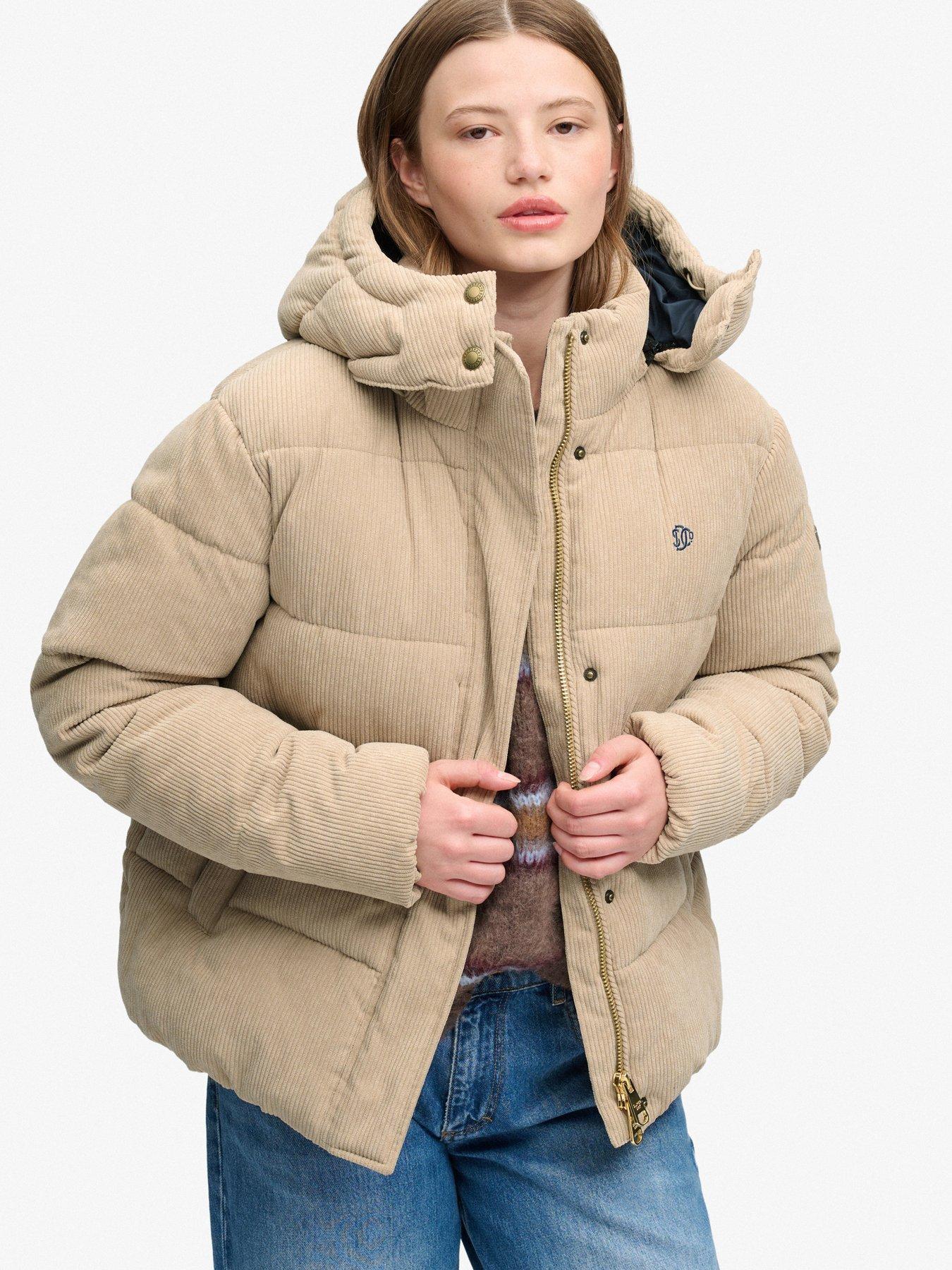 Image 1 of 7 of Superdry Superdry Premium Hood Cord Puffer Jacket - Brown