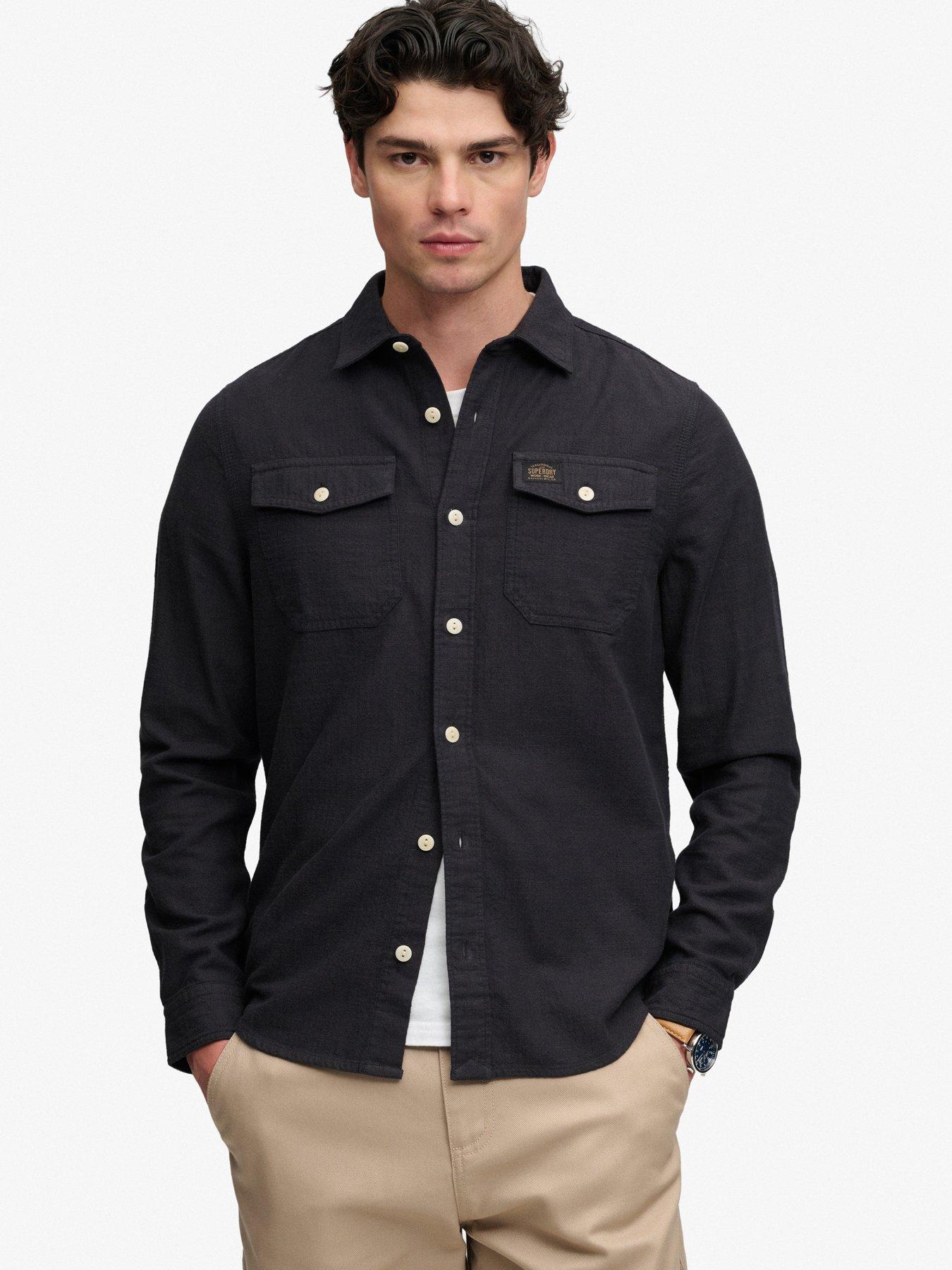 Image 1 of 6 of Superdry Mens Herringbone Relaxed Fit Workwear Shirt - Black