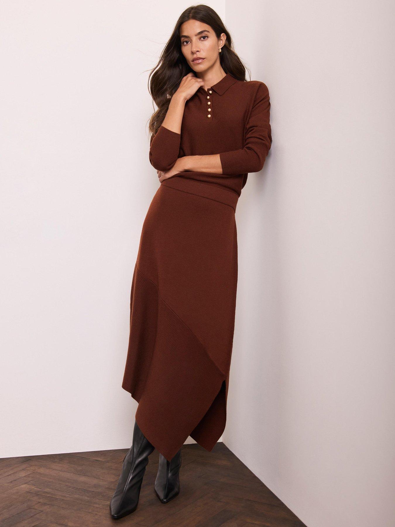 Image 1 of 6 of Mint Velvet Brown Knit Asymmetric Dress