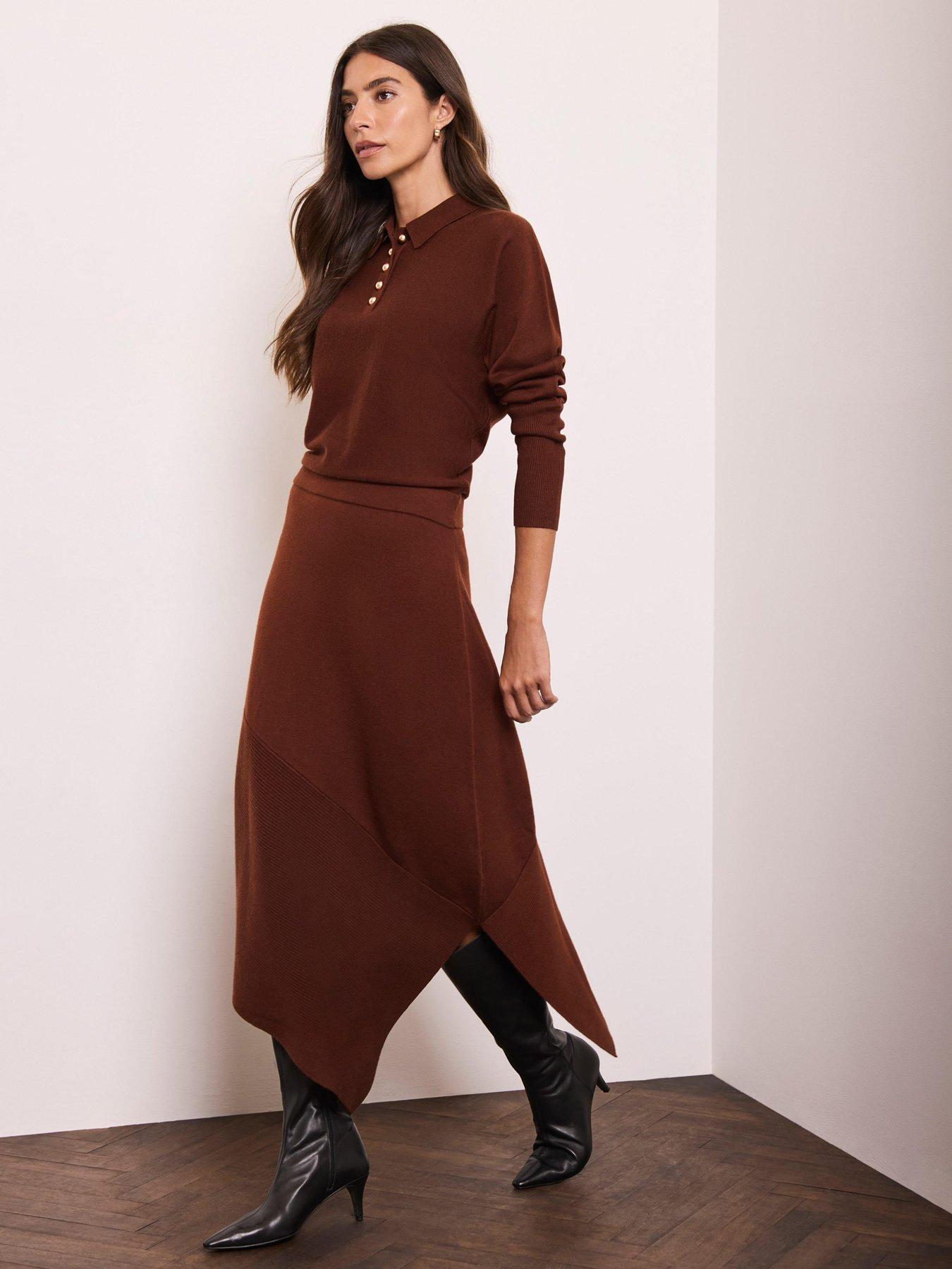 Image 3 of 6 of Mint Velvet Brown Knit Asymmetric Dress