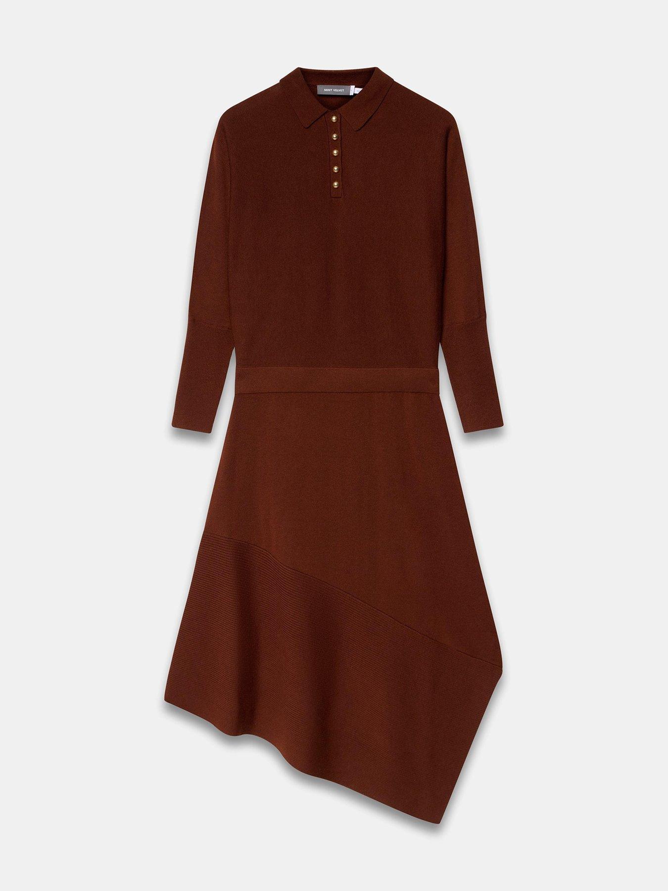 Image 5 of 6 of Mint Velvet Brown Knit Asymmetric Dress