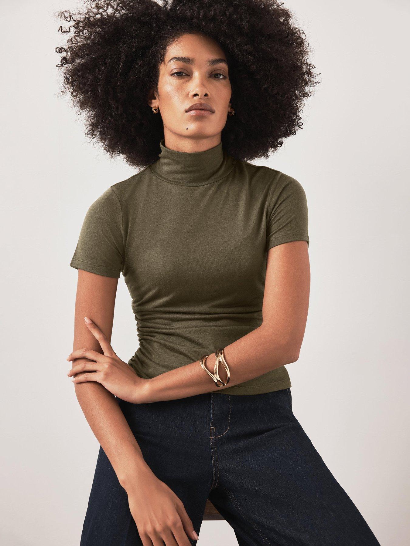 Image 1 of 6 of Mint Velvet Khaki High Neck Ruched Top