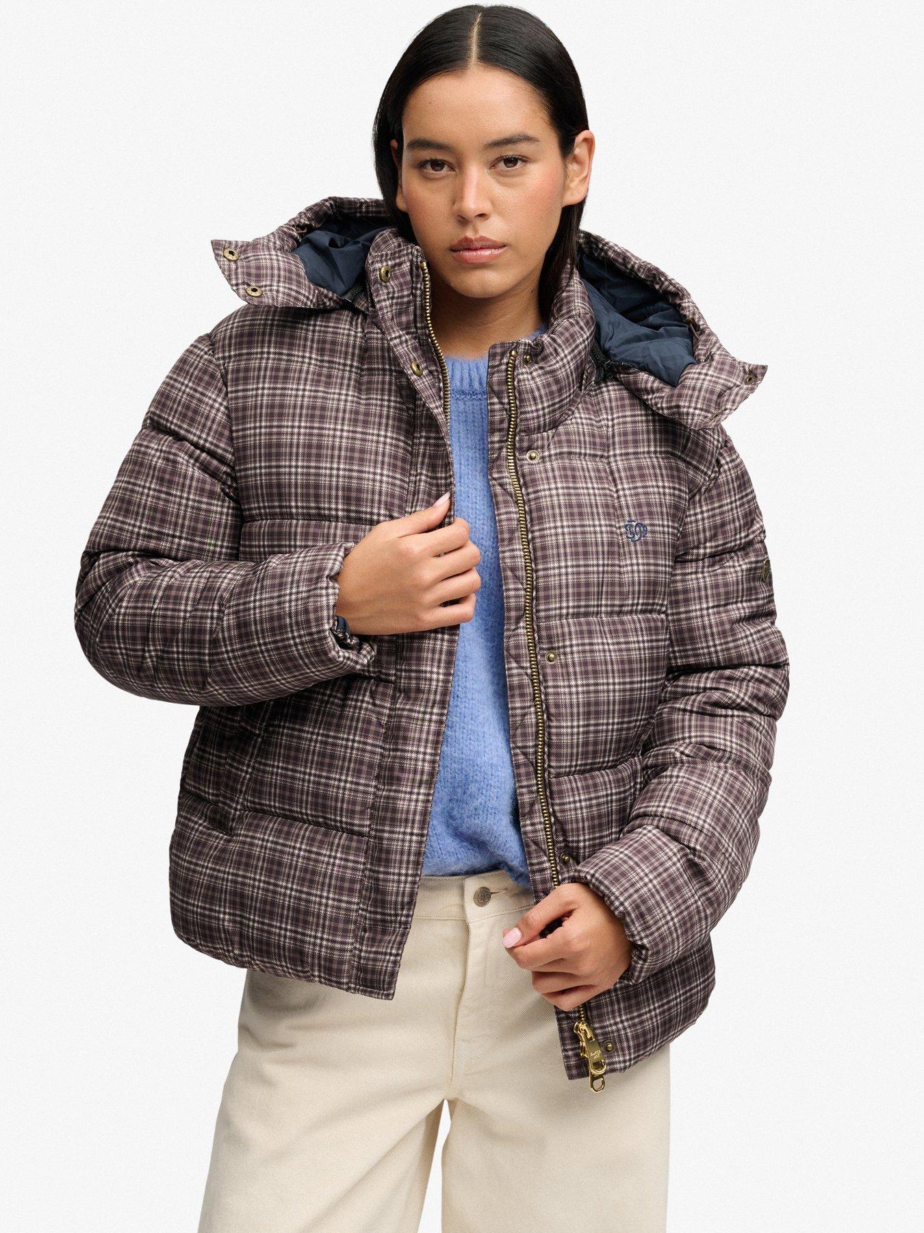 Image 1 of 7 of Superdry Superdry Premium Printed Check Puffer - Brown