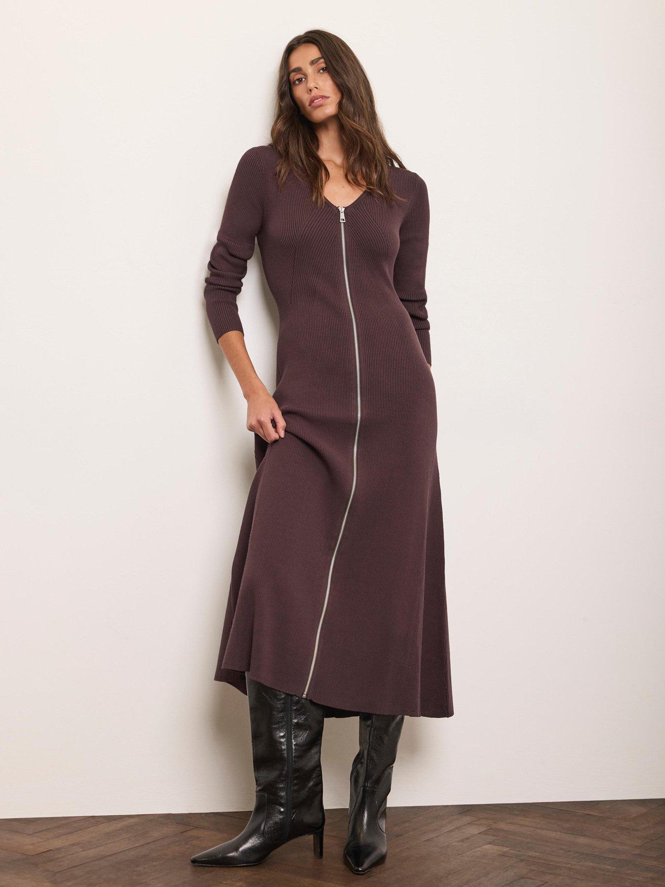 Image 1 of 6 of Mint Velvet Brown Zip Front Midi Dress