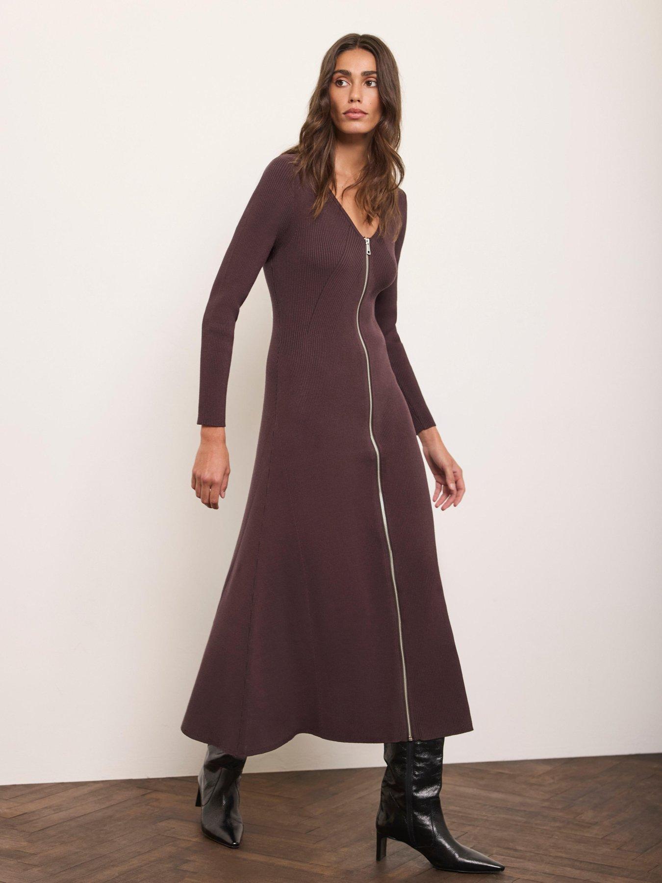 Image 2 of 6 of Mint Velvet Brown Zip Front Midi Dress