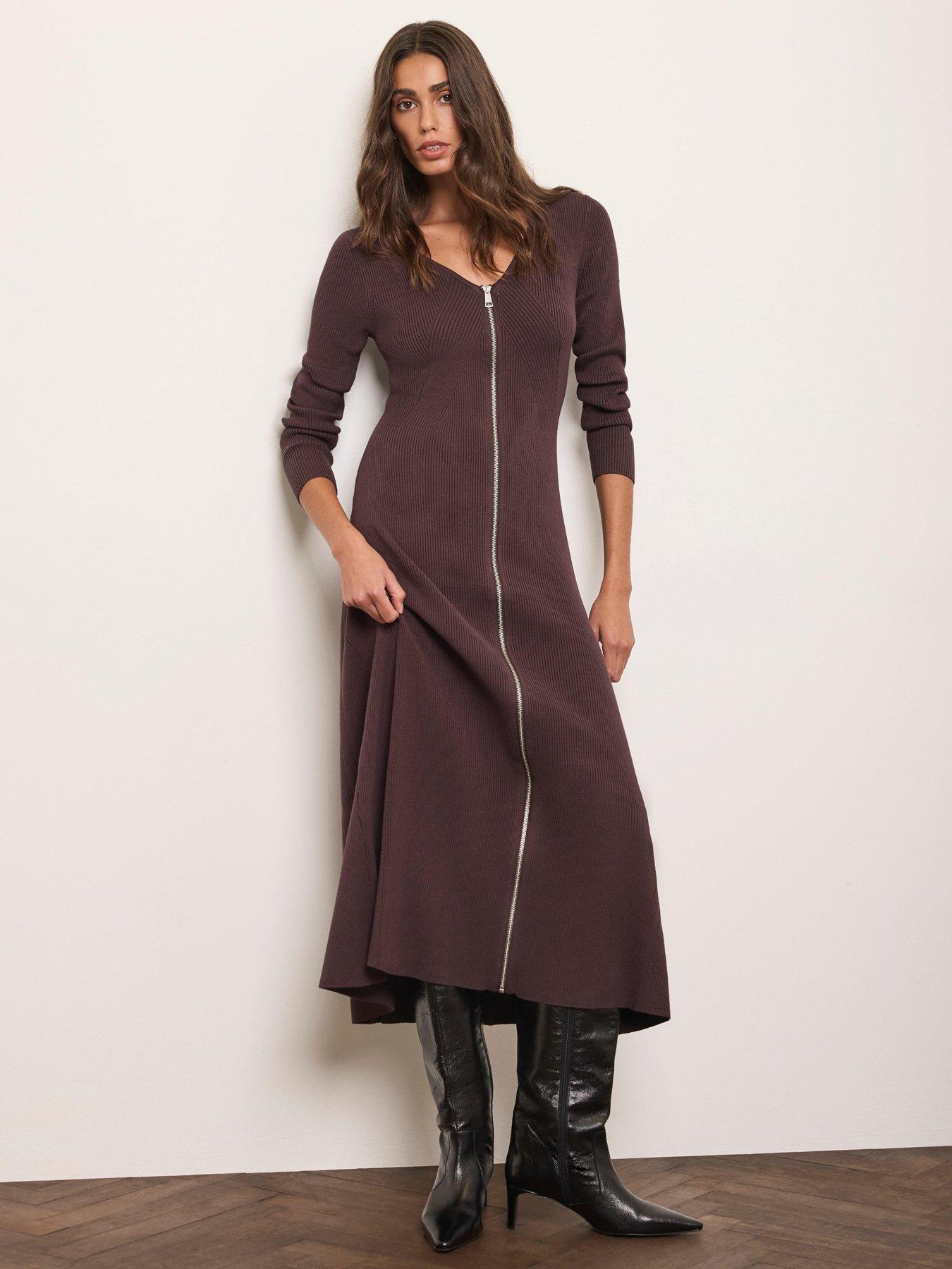 Image 3 of 6 of Mint Velvet Brown Zip Front Midi Dress