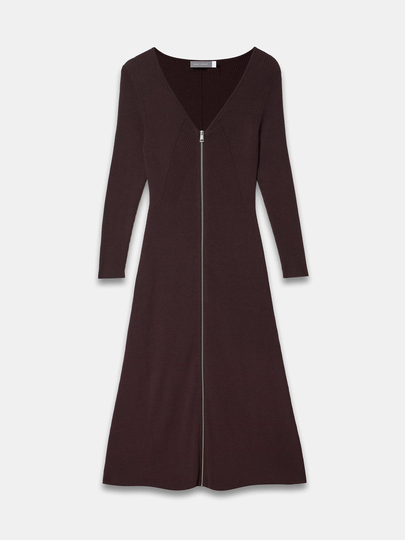 Image 5 of 6 of Mint Velvet Brown Zip Front Midi Dress